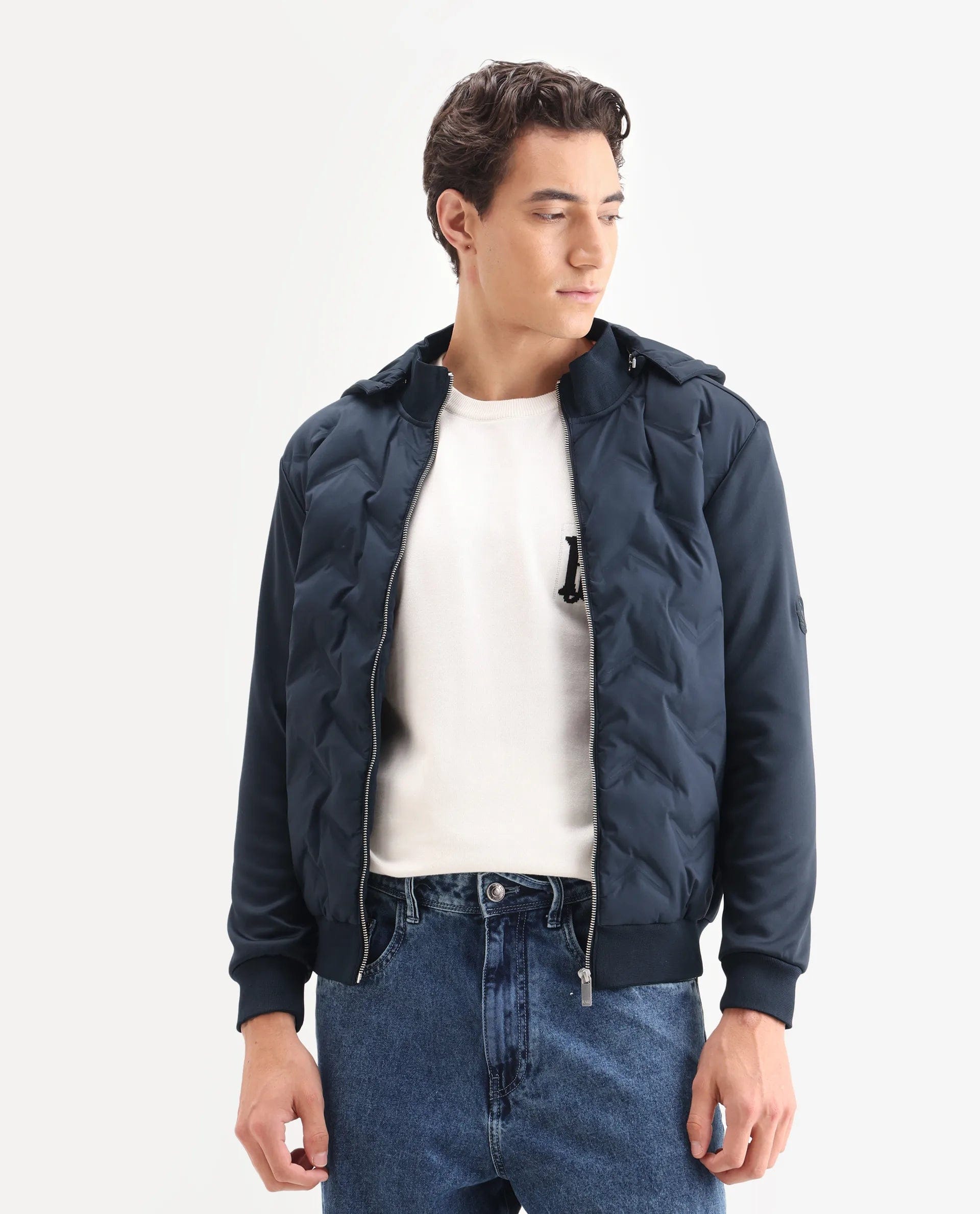 RARE Rabbit Men's Bonita Navy Polyester Plain Regular Fit Full Sleeve Hooded Jacket