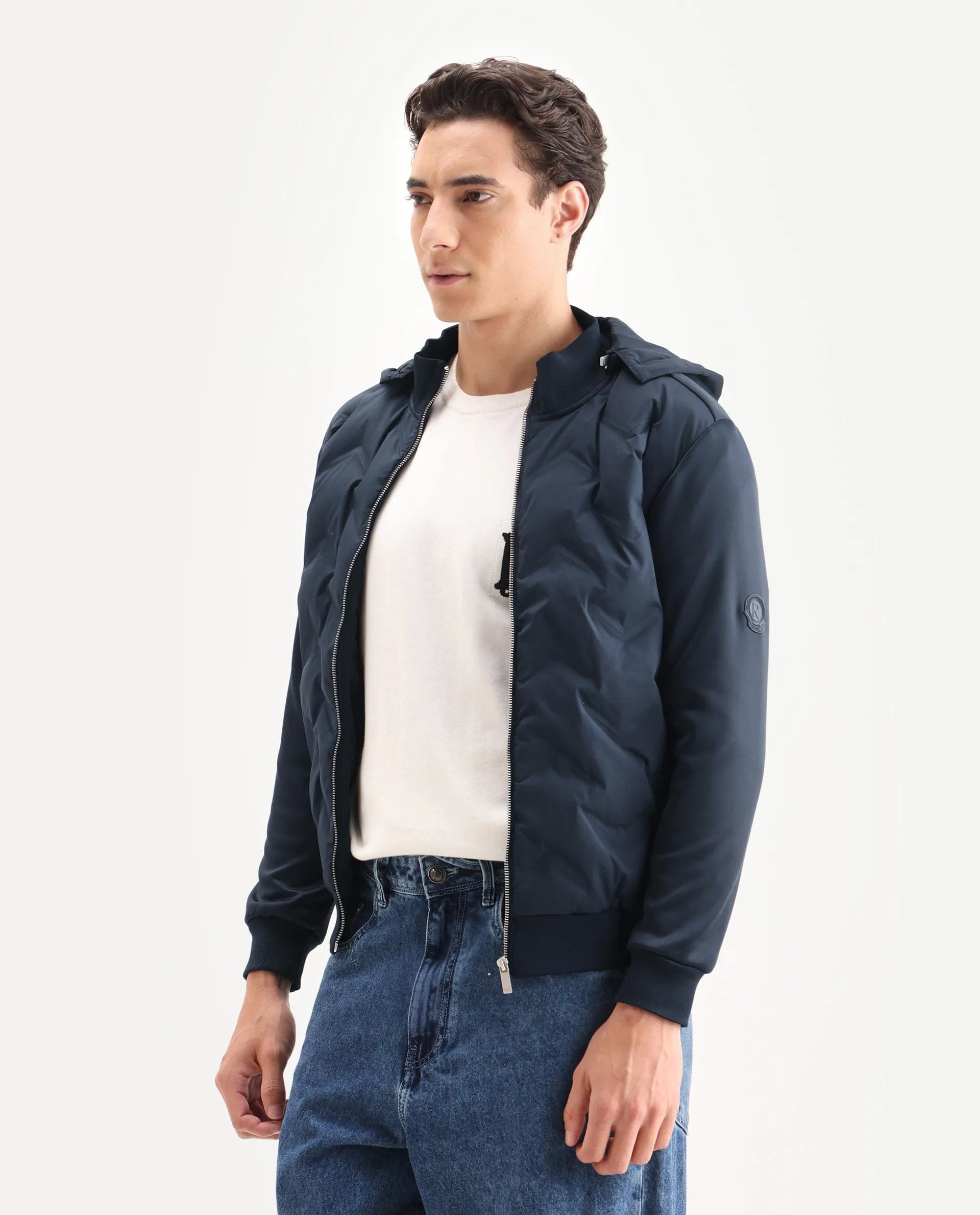 RARE Rabbit Men's Bonita Navy Polyester Plain Regular Fit Full Sleeve Hooded Jacket