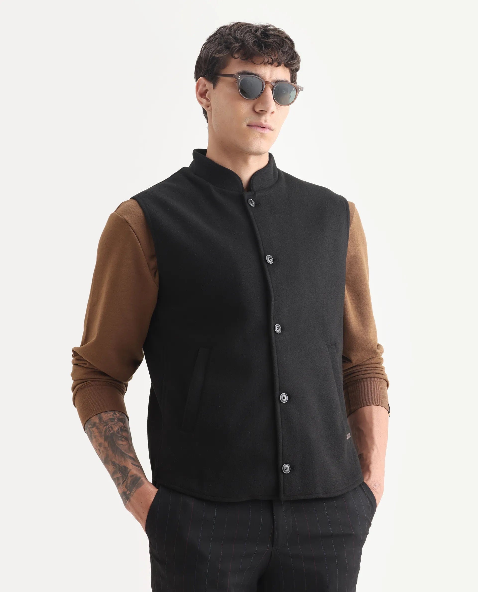 RARE Rabbit Men's Thermo Black Polyester Plain Regular Fit Sleeveless High Neck Jacket