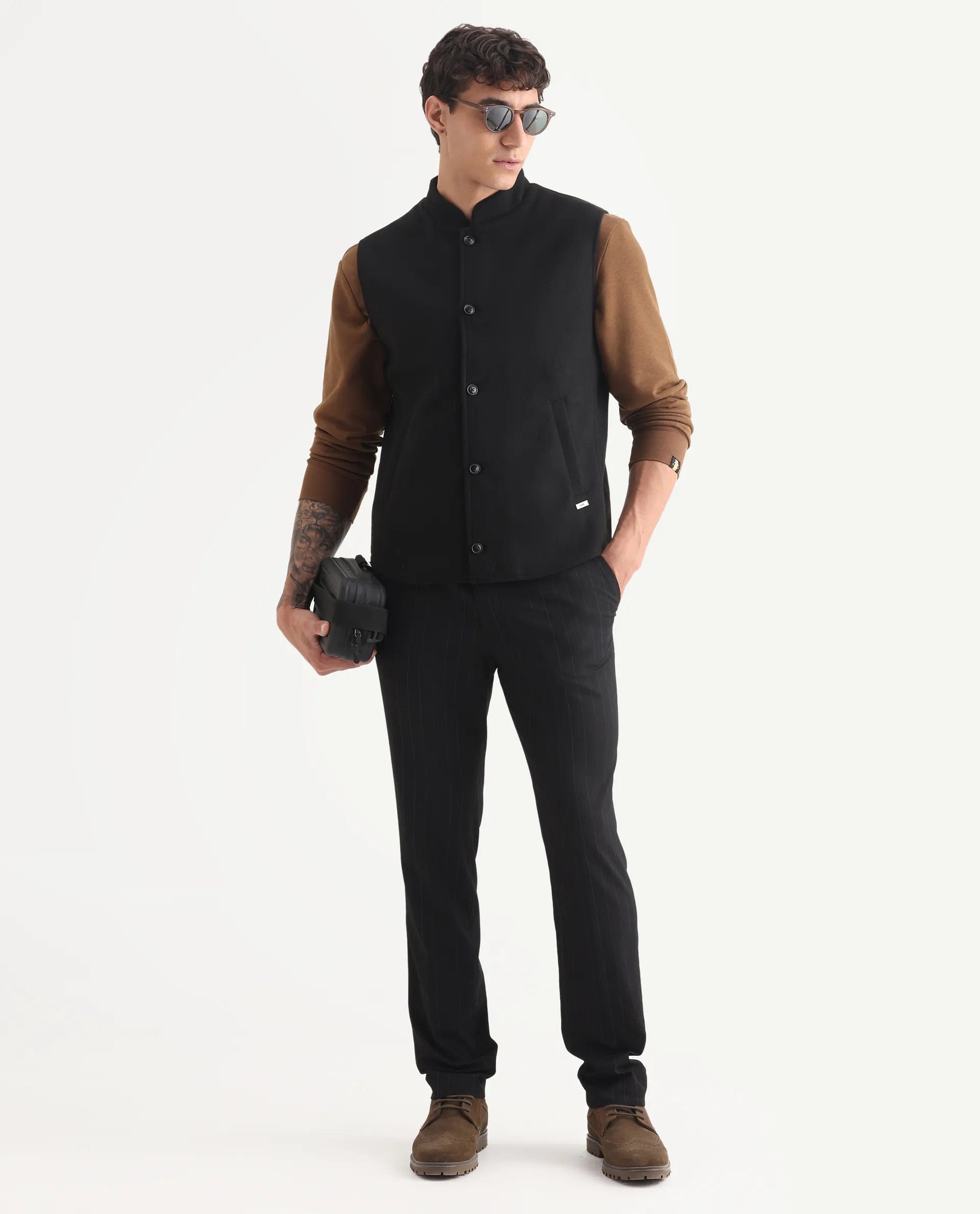 RARE Rabbit Men's Thermo Black Polyester Plain Regular Fit Sleeveless High Neck Jacket