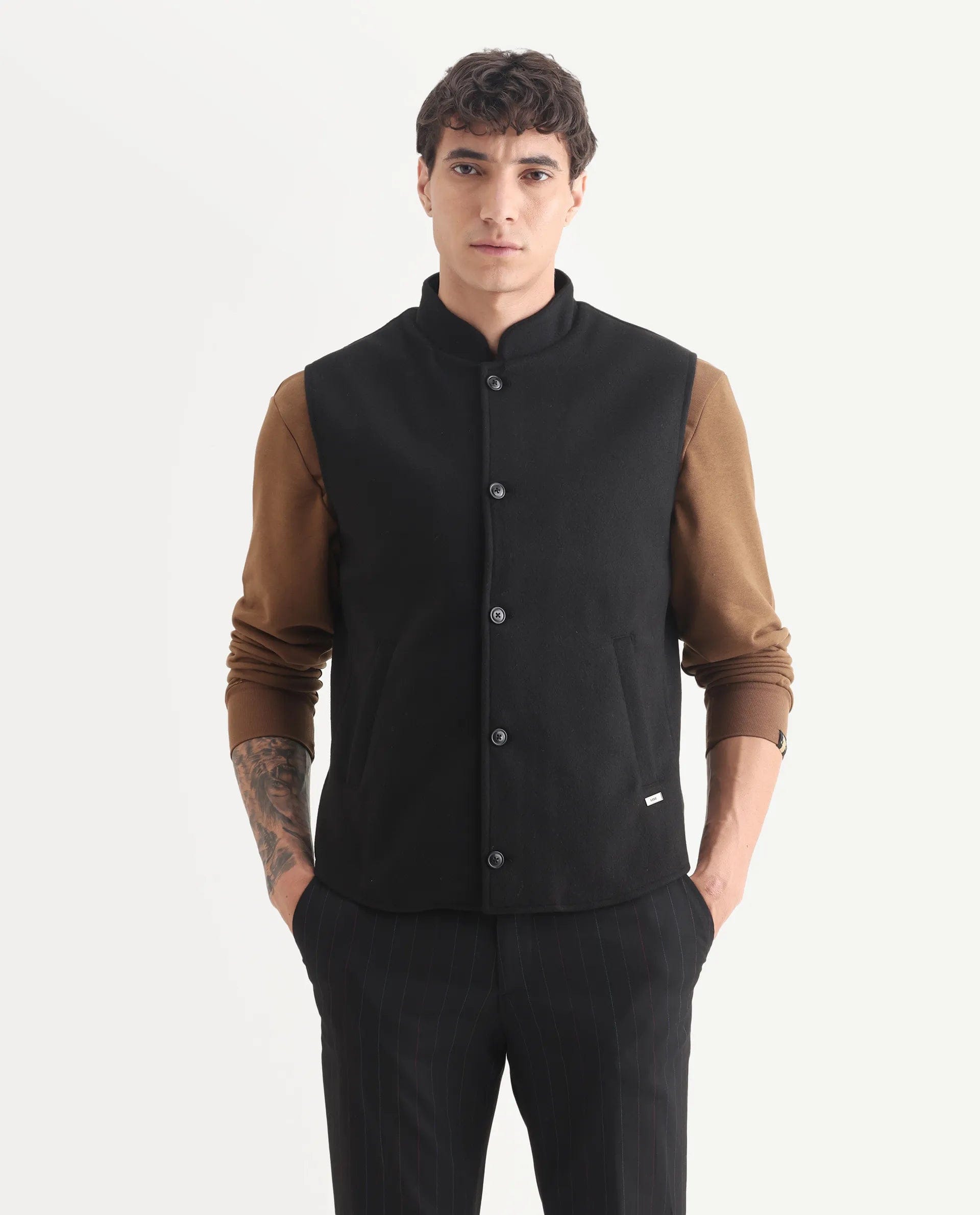 RARE Rabbit Men's Thermo Black Polyester Plain Regular Fit Sleeveless High Neck Jacket