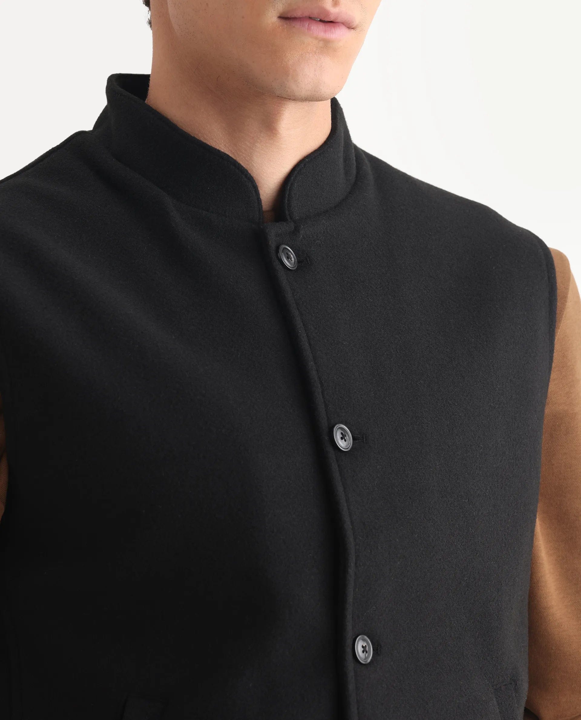 RARE Rabbit Men's Thermo Black Polyester Plain Regular Fit Sleeveless High Neck Jacket