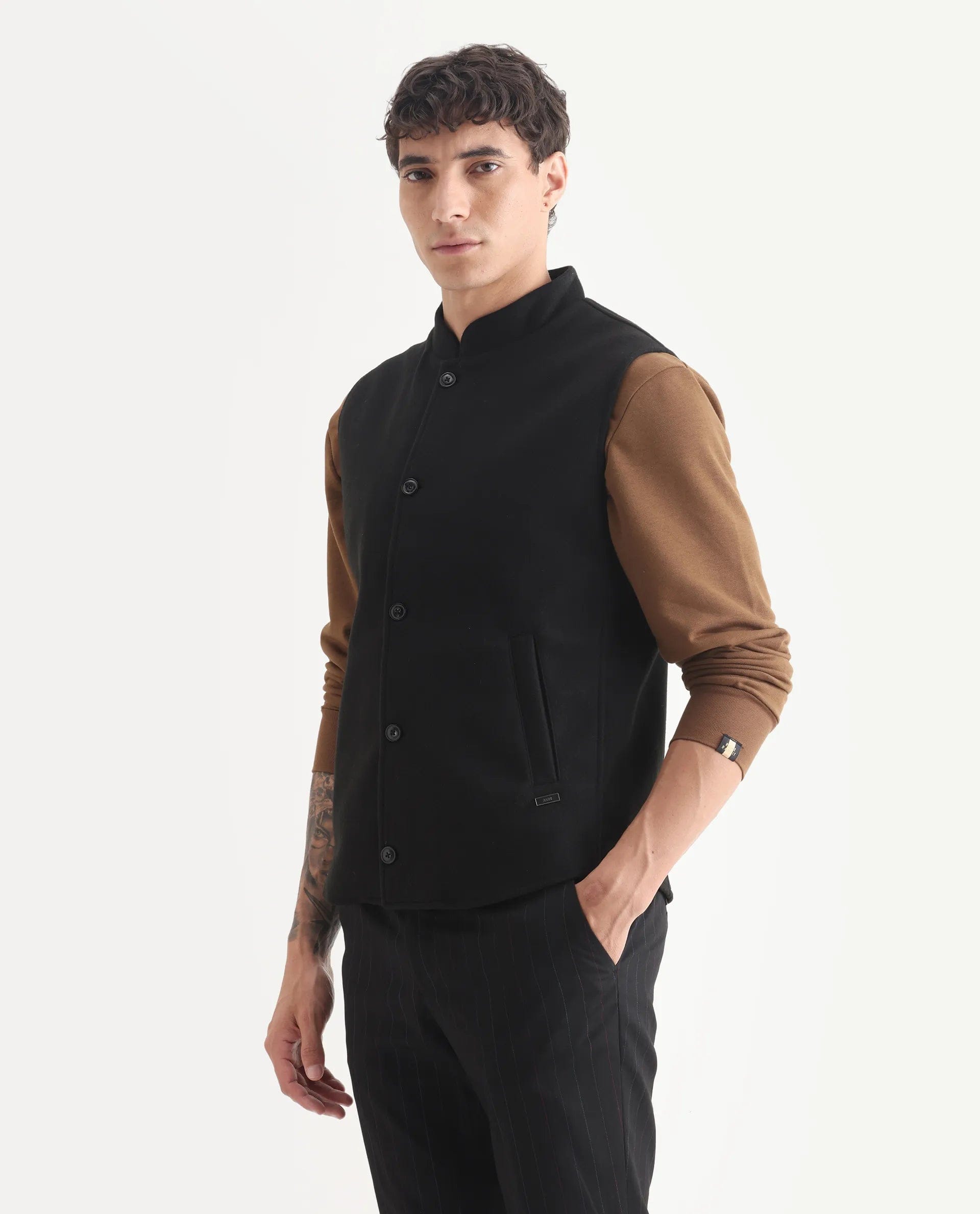 RARE Rabbit Men's Thermo Black Polyester Plain Regular Fit Sleeveless High Neck Jacket