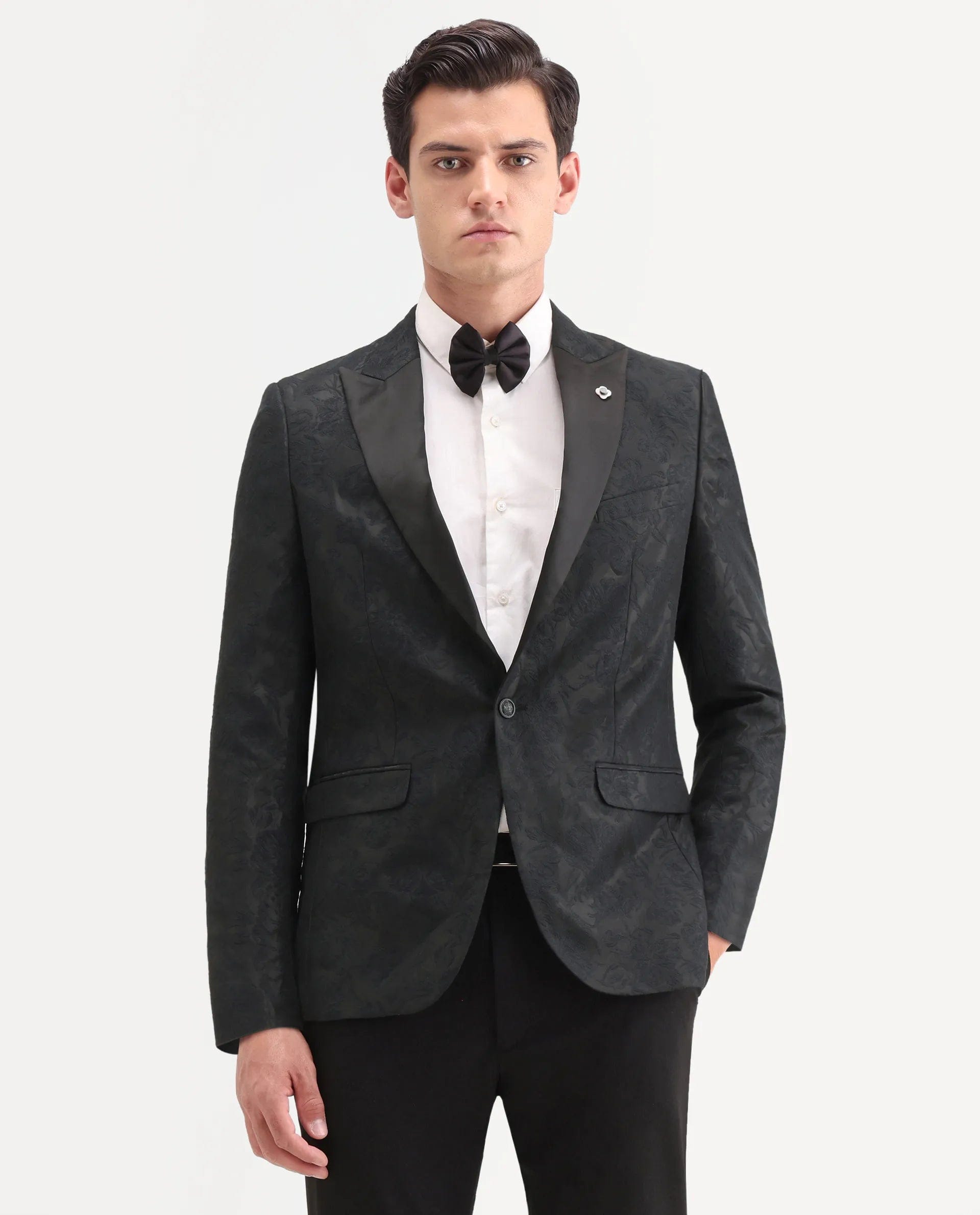 RARE Rabbit Men's Boxton Black Polyester Jacquard Tailored Fit Full Sleeve Lapel Neck Blazer
