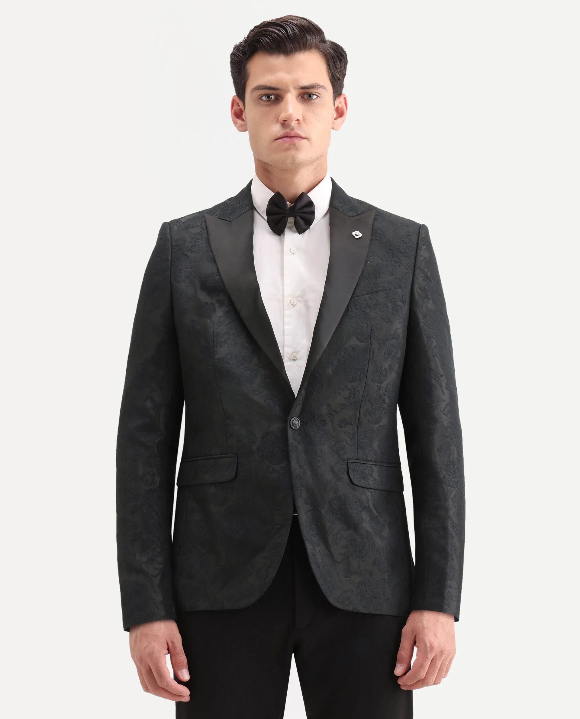 RARE Rabbit Men's Boxton Black Polyester Jacquard Tailored Fit Full Sleeve Lapel Neck Blazer