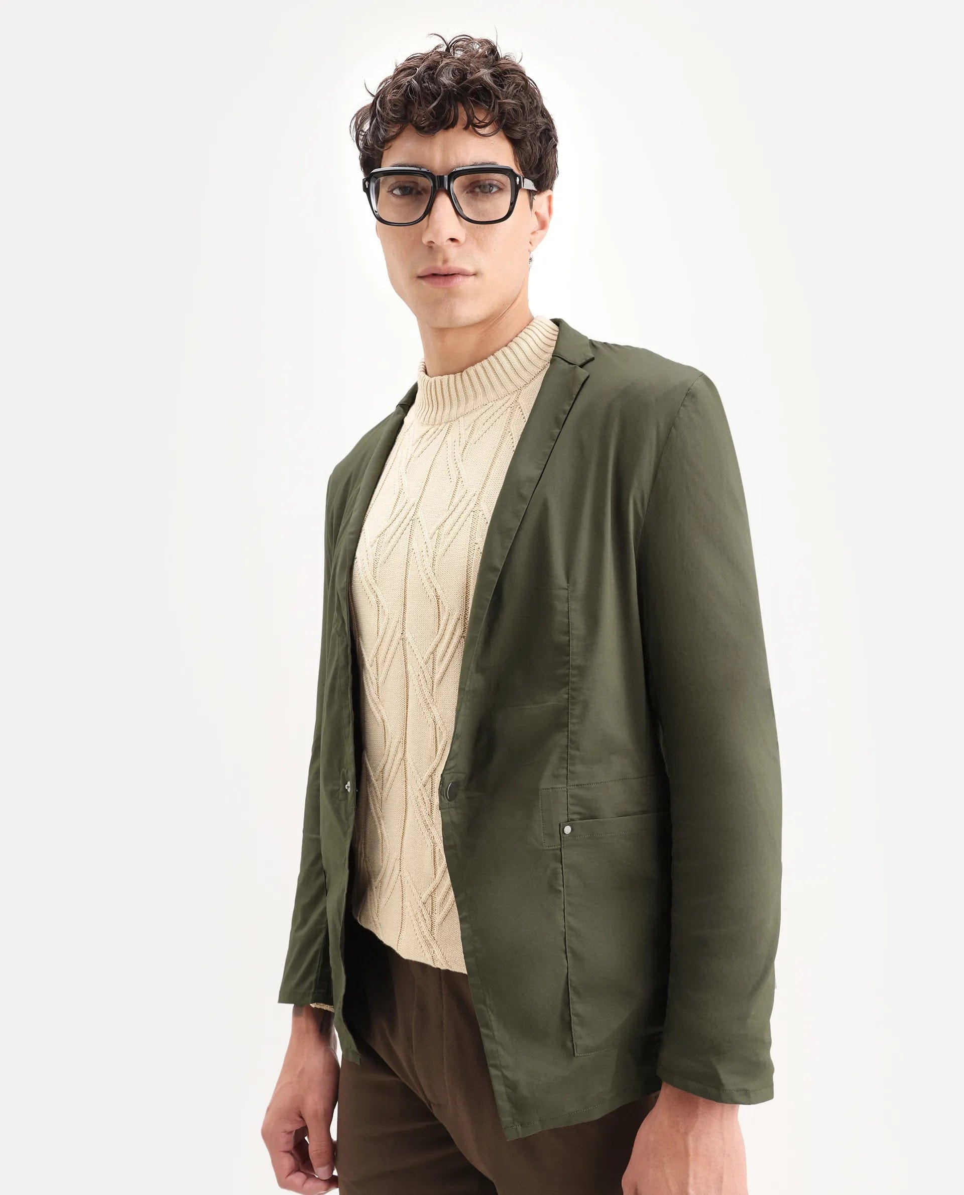 RARE Rabbit Men's Glaze Olive Cotton Blend Plain Regular Fit Full Sleeve Lapel Neck Jacket