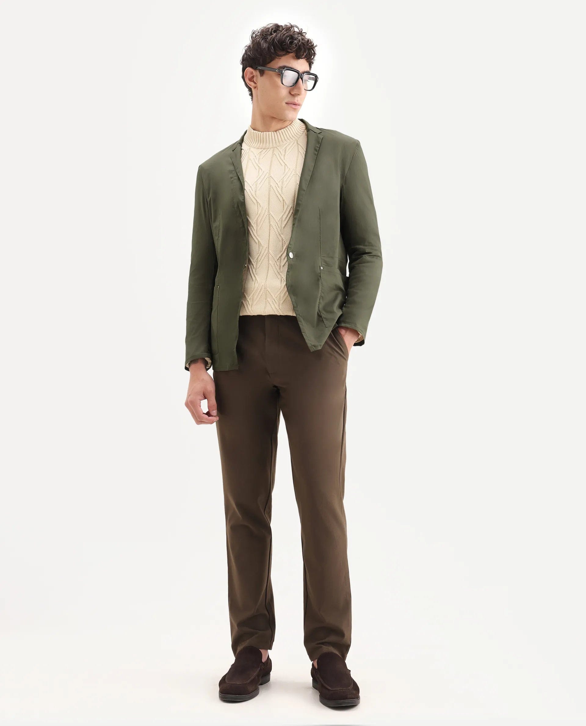 RARE Rabbit Men's Glaze Olive Cotton Blend Plain Regular Fit Full Sleeve Lapel Neck Jacket