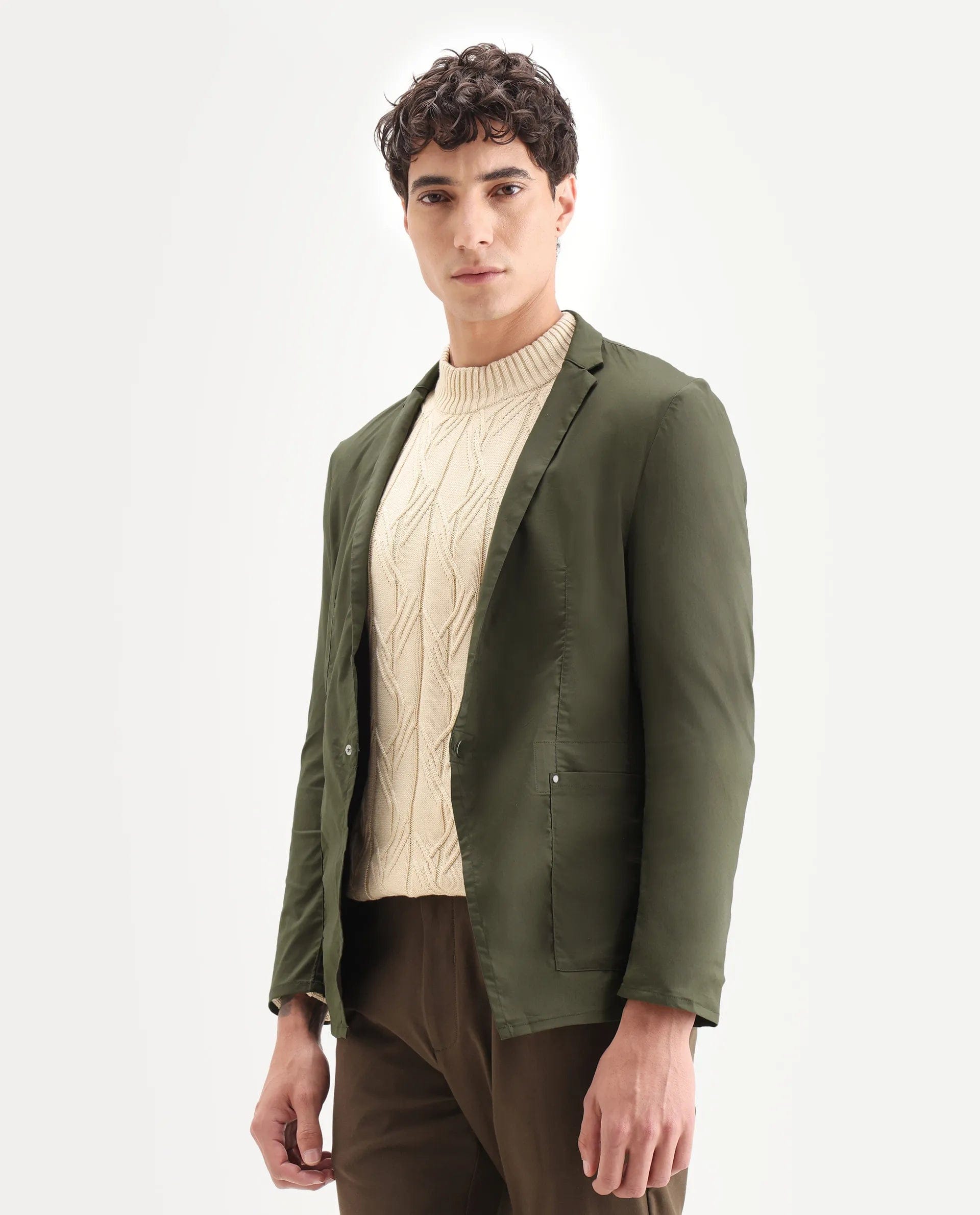 RARE Rabbit Men's Glaze Olive Cotton Blend Plain Regular Fit Full Sleeve Lapel Neck Jacket