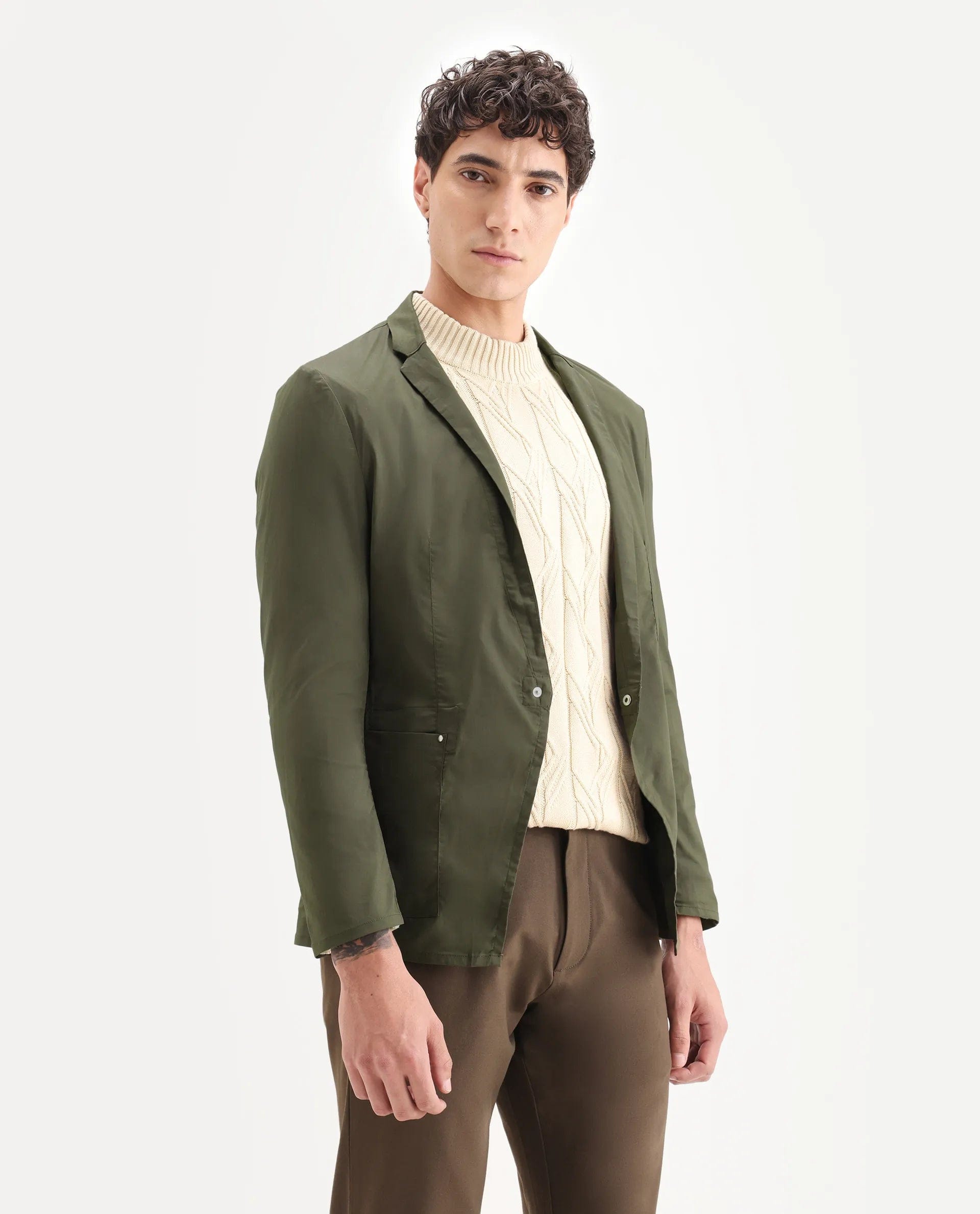 RARE Rabbit Men's Glaze Olive Cotton Blend Plain Regular Fit Full Sleeve Lapel Neck Jacket