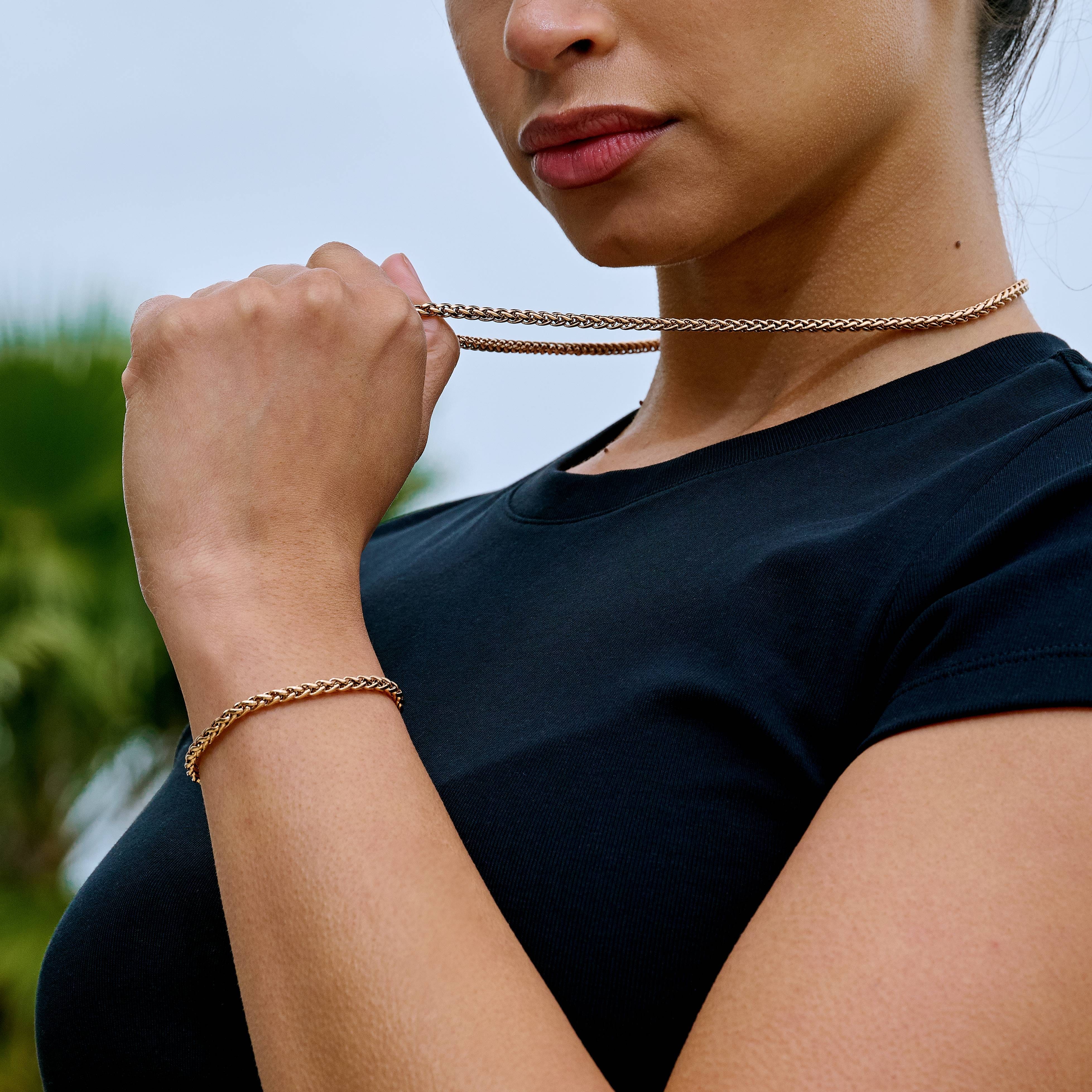 GLD Women Palm Chain Necklace + Bracelet Bundle in Rose Gold - 4 mm