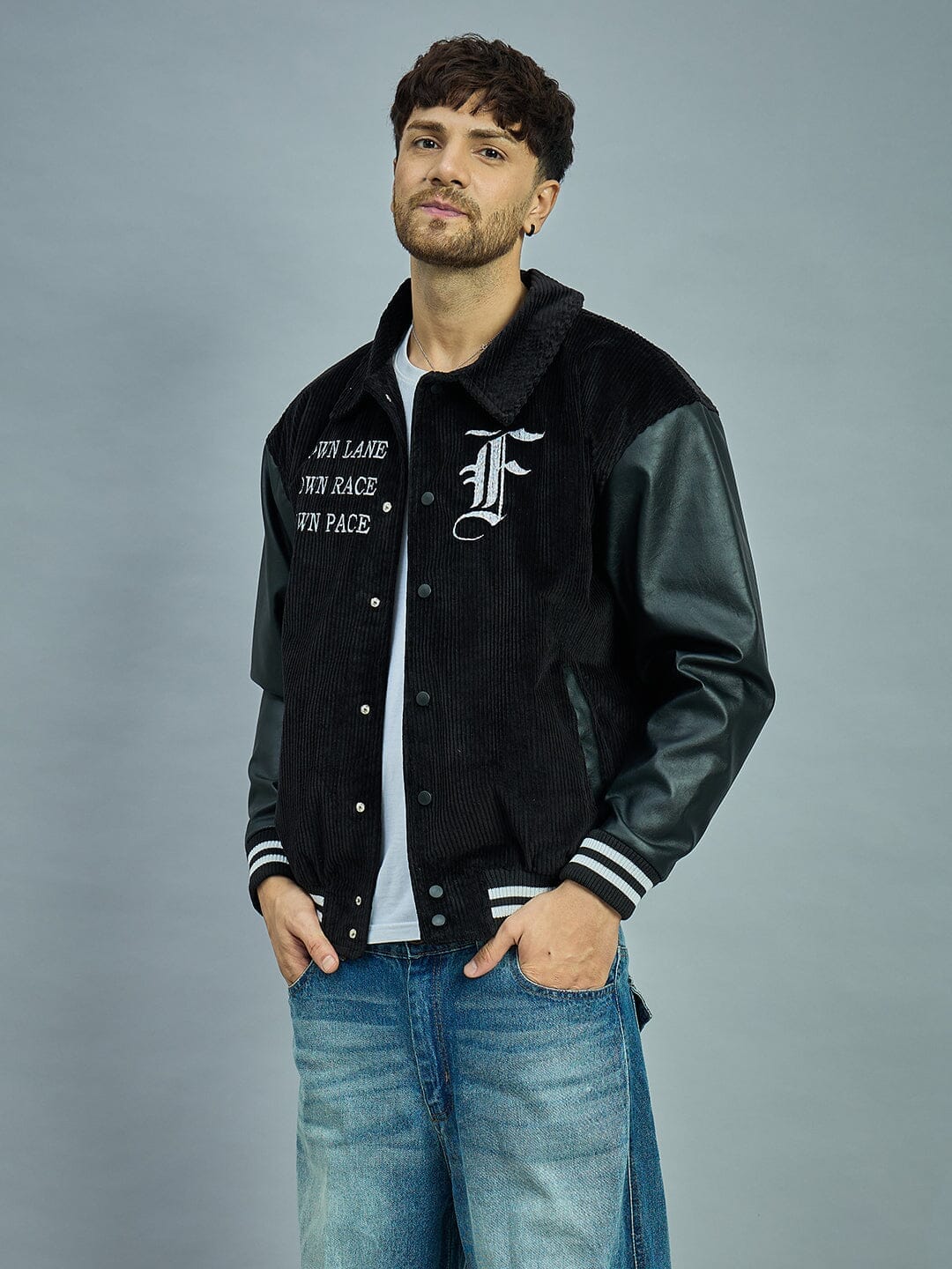 Corduroy Black Corduroy Faux Leather Sleeves Varsity Jacket