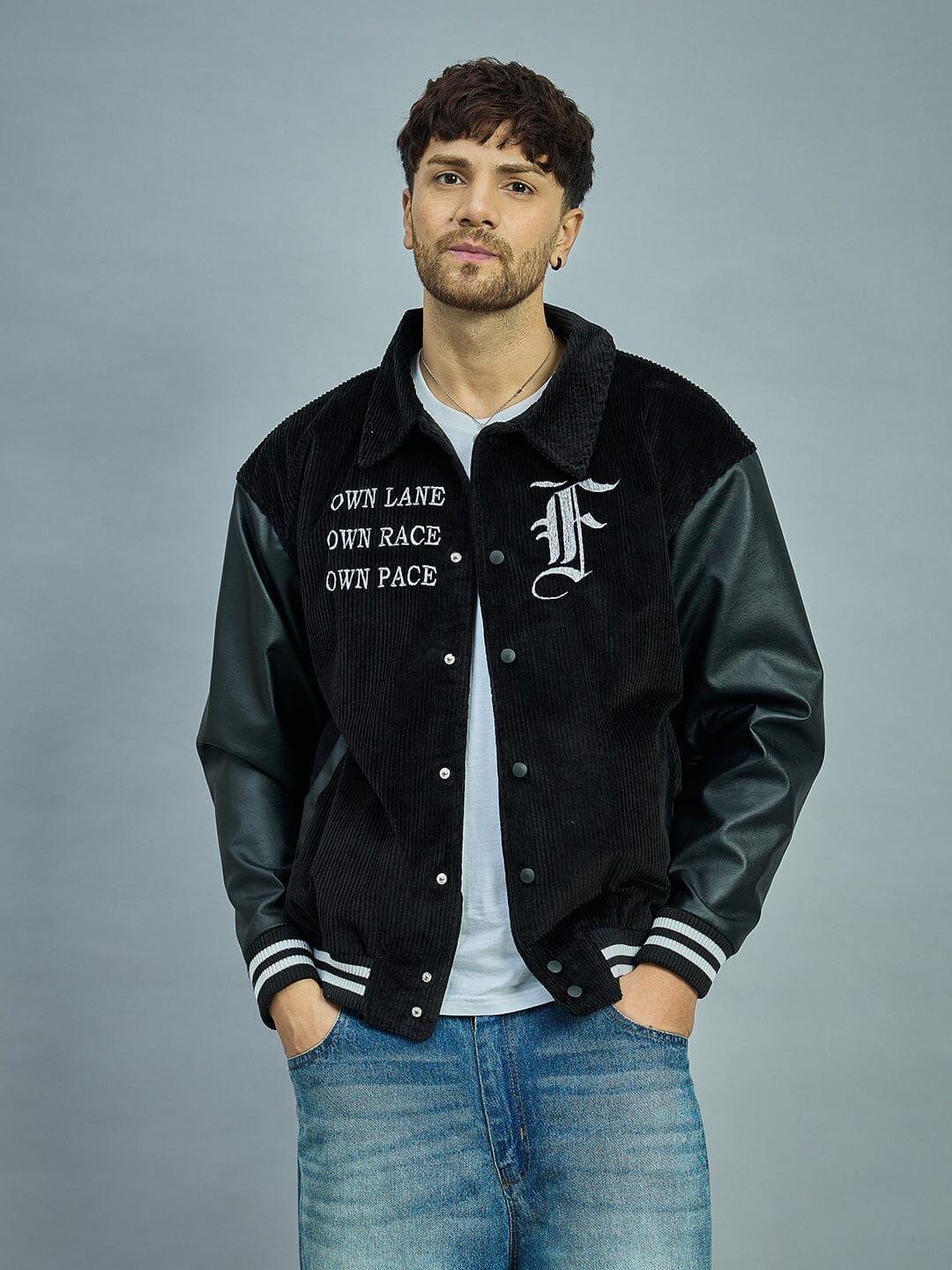 Corduroy Black Corduroy Faux Leather Sleeves Varsity Jacket