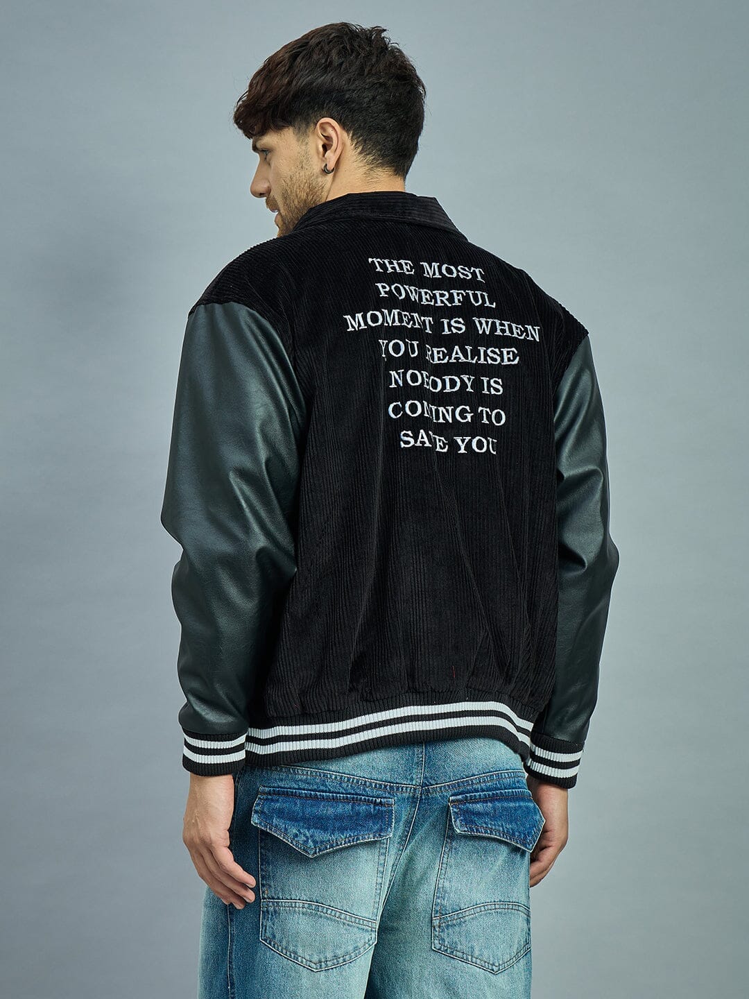 Corduroy Black Corduroy Faux Leather Sleeves Varsity Jacket