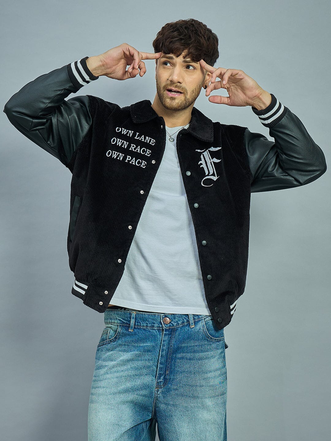 Corduroy Black Corduroy Faux Leather Sleeves Varsity Jacket