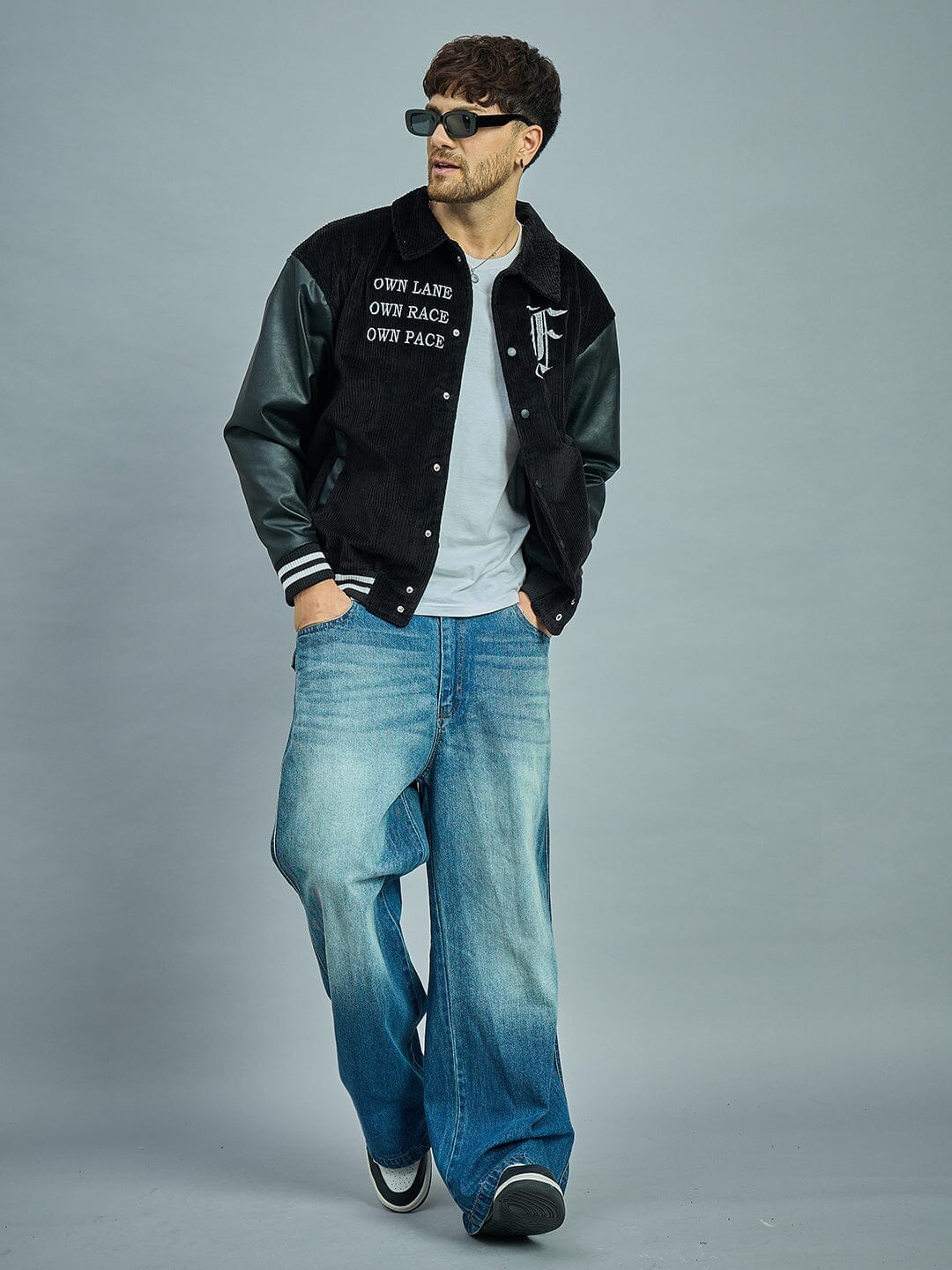 Corduroy Black Corduroy Faux Leather Sleeves Varsity Jacket