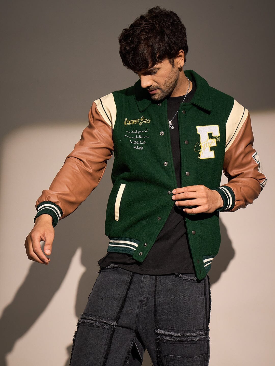 Fugazee Green Statement Woollen Varsity Jacket