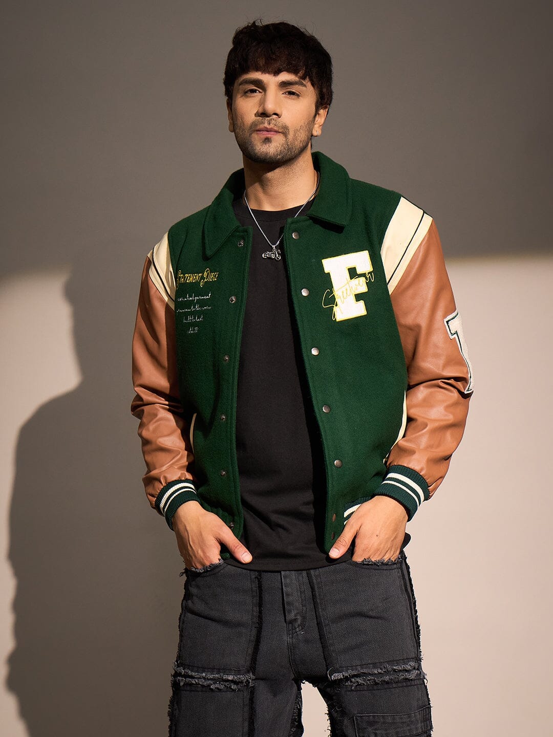 Fugazee Green Statement Woollen Varsity Jacket