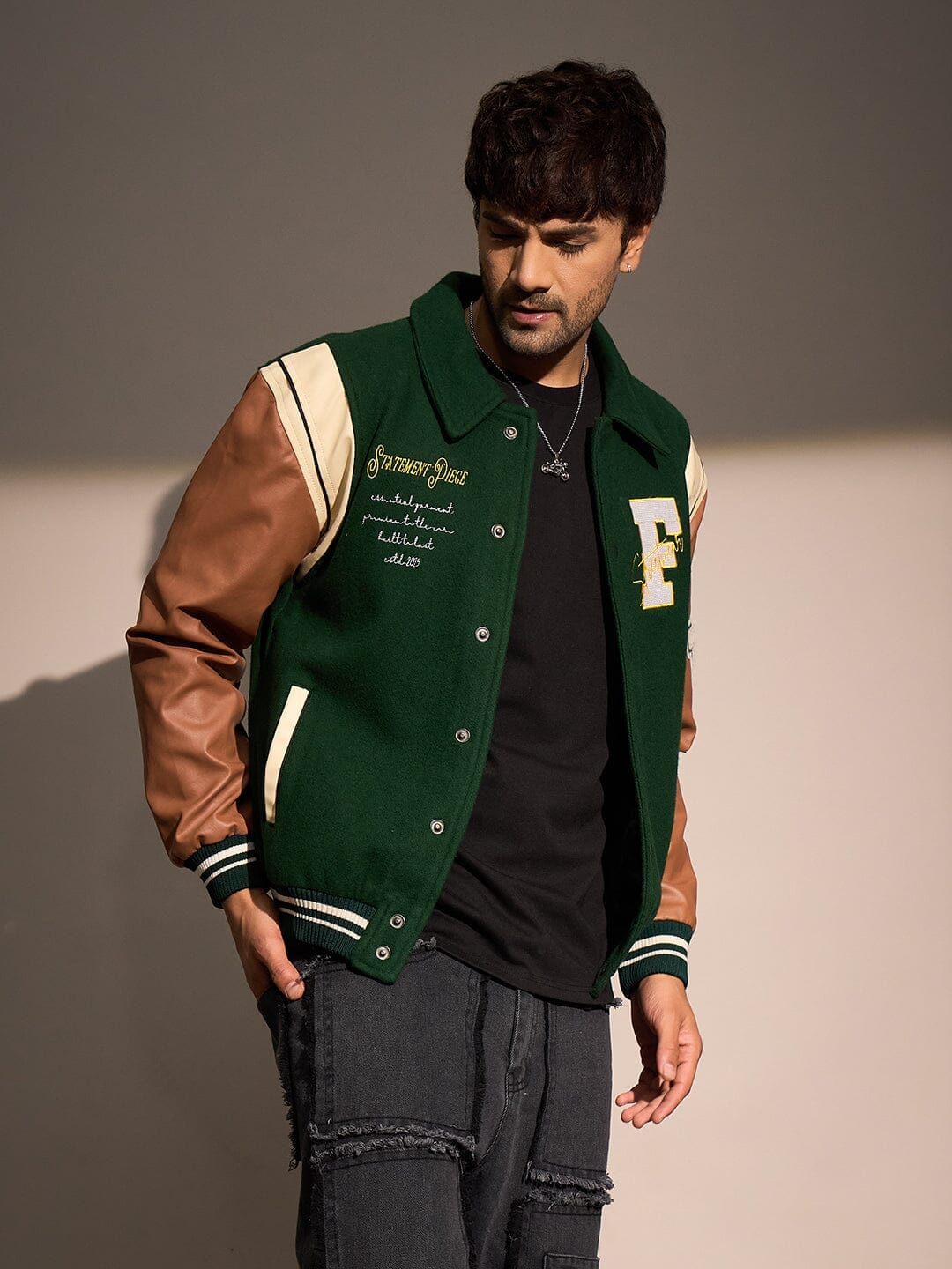 Fugazee Green Statement Woollen Varsity Jacket