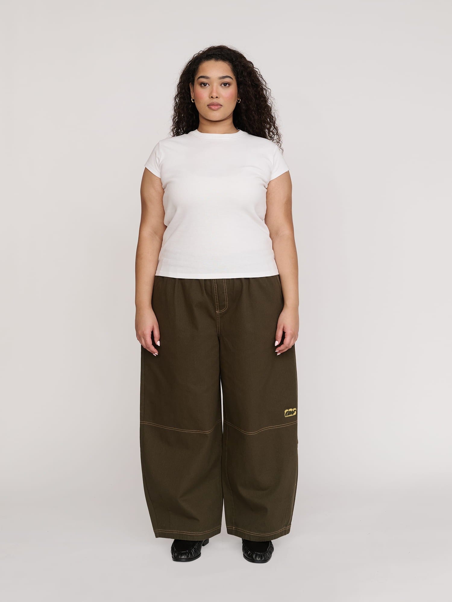 Lazy Oaf Bev Brown Contrast Stitch Barrel Trousers