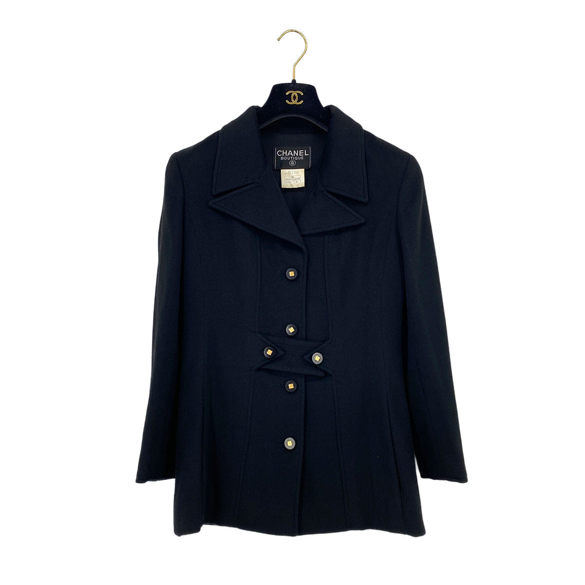 Luxury Promise Japan VINTAGE CHANEL COCO BUTTON WAIST CINCHING JACKET BLACK CASHMERE 40 36A RTW 90319635