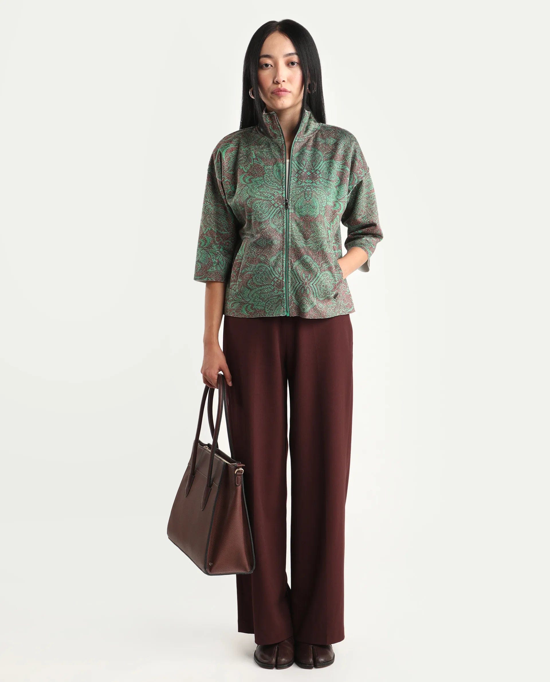 Rareism Women's Vasy Multi Suede Stand Collar Floral Print Boxy Fit Jacket