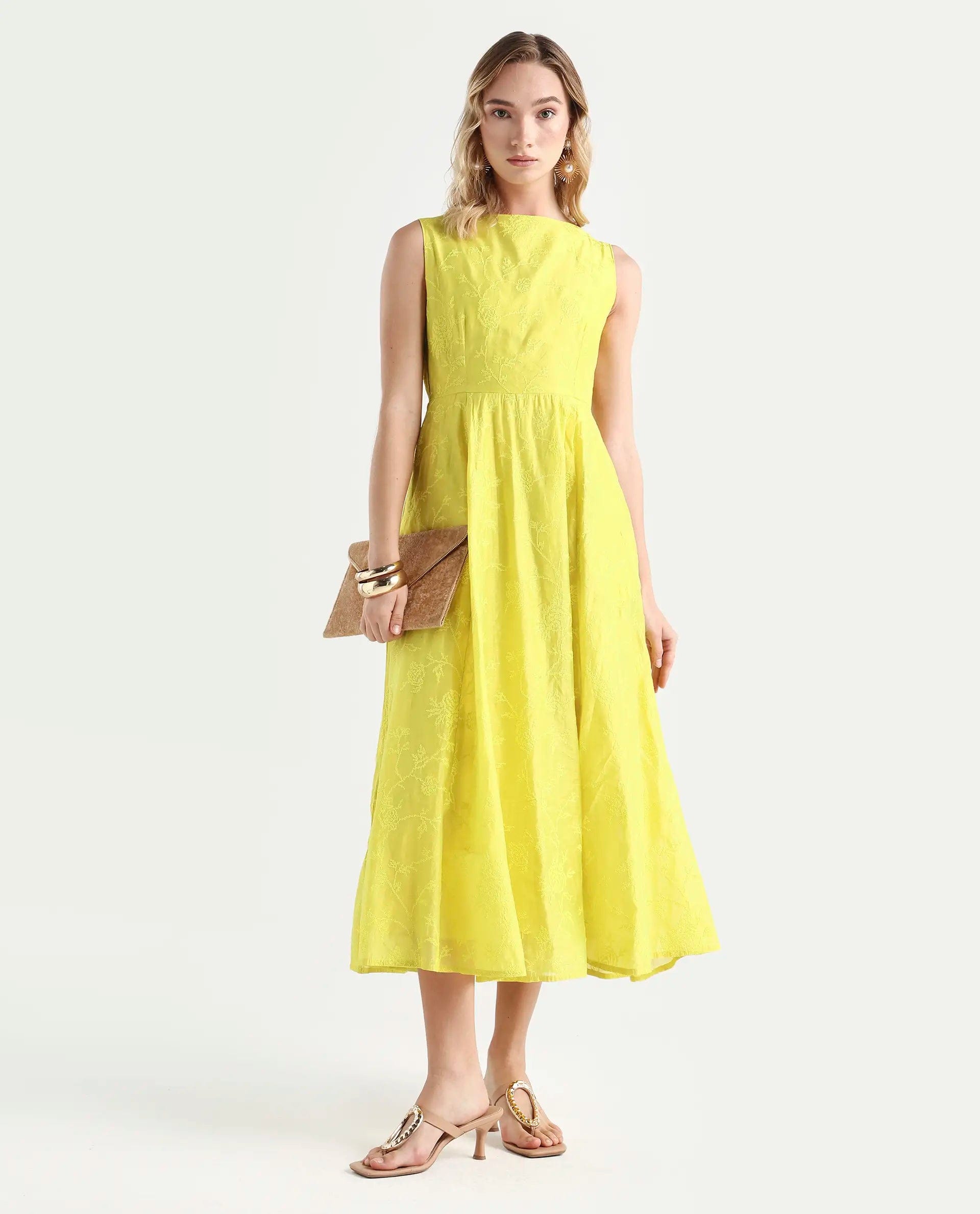 Rareism Women's Prero Green Viscose Blend Boat Neck Plain Sleeveless Midi A - Line Dress