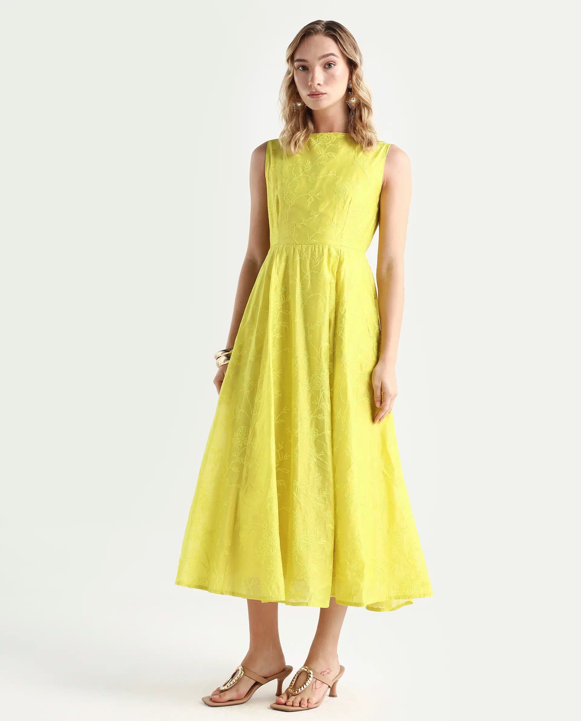 Rareism Women's Prero Green Viscose Blend Boat Neck Plain Sleeveless Midi A - Line Dress