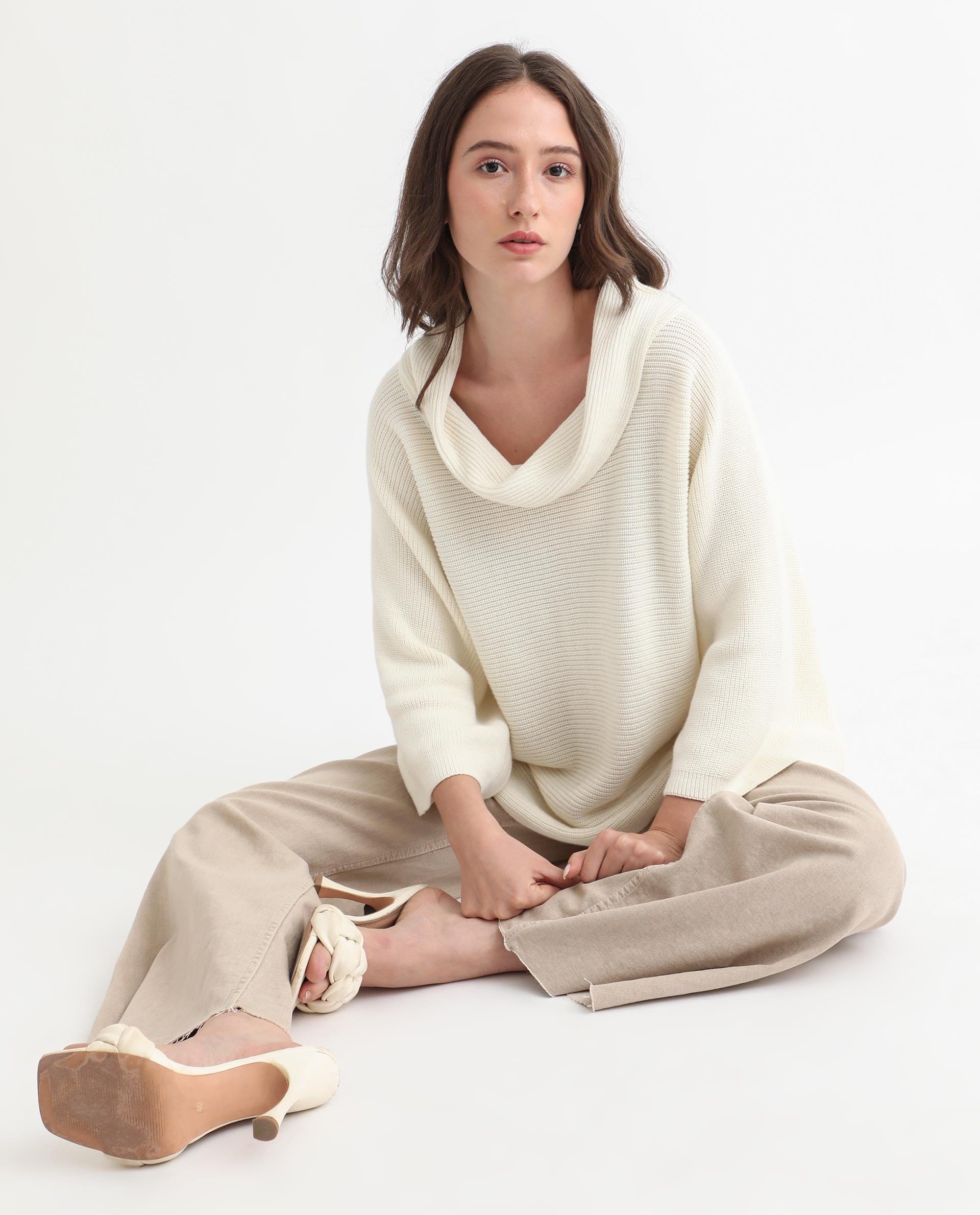 Rareism Women's Cleo Offwhite Cowl Neck Plain Relaxed Fit Sweater