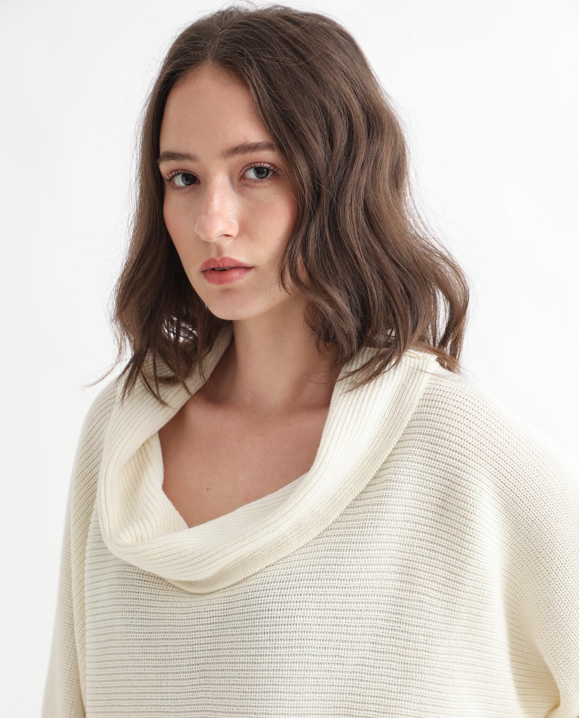 Rareism Women's Cleo Offwhite Cowl Neck Plain Relaxed Fit Sweater