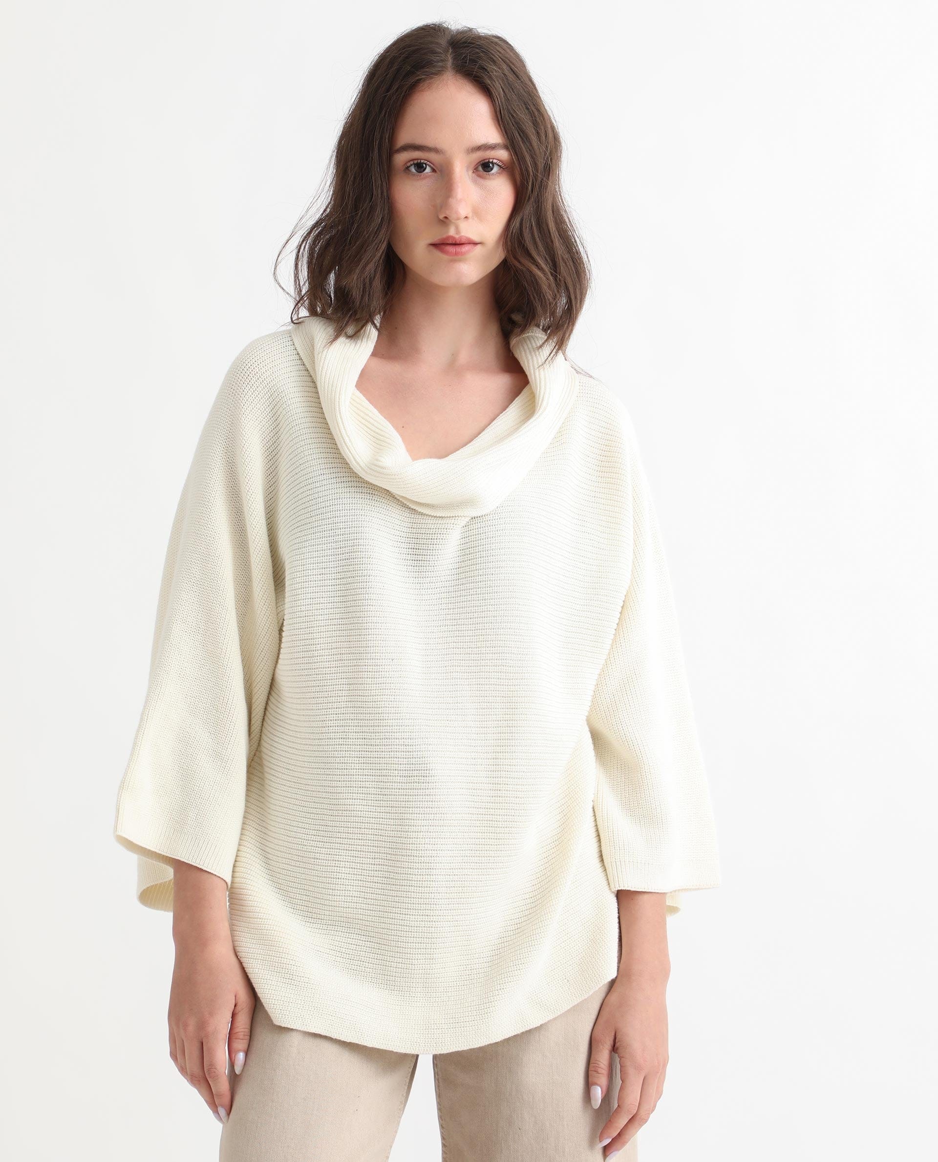 Rareism Women's Cleo Offwhite Cowl Neck Plain Relaxed Fit Sweater