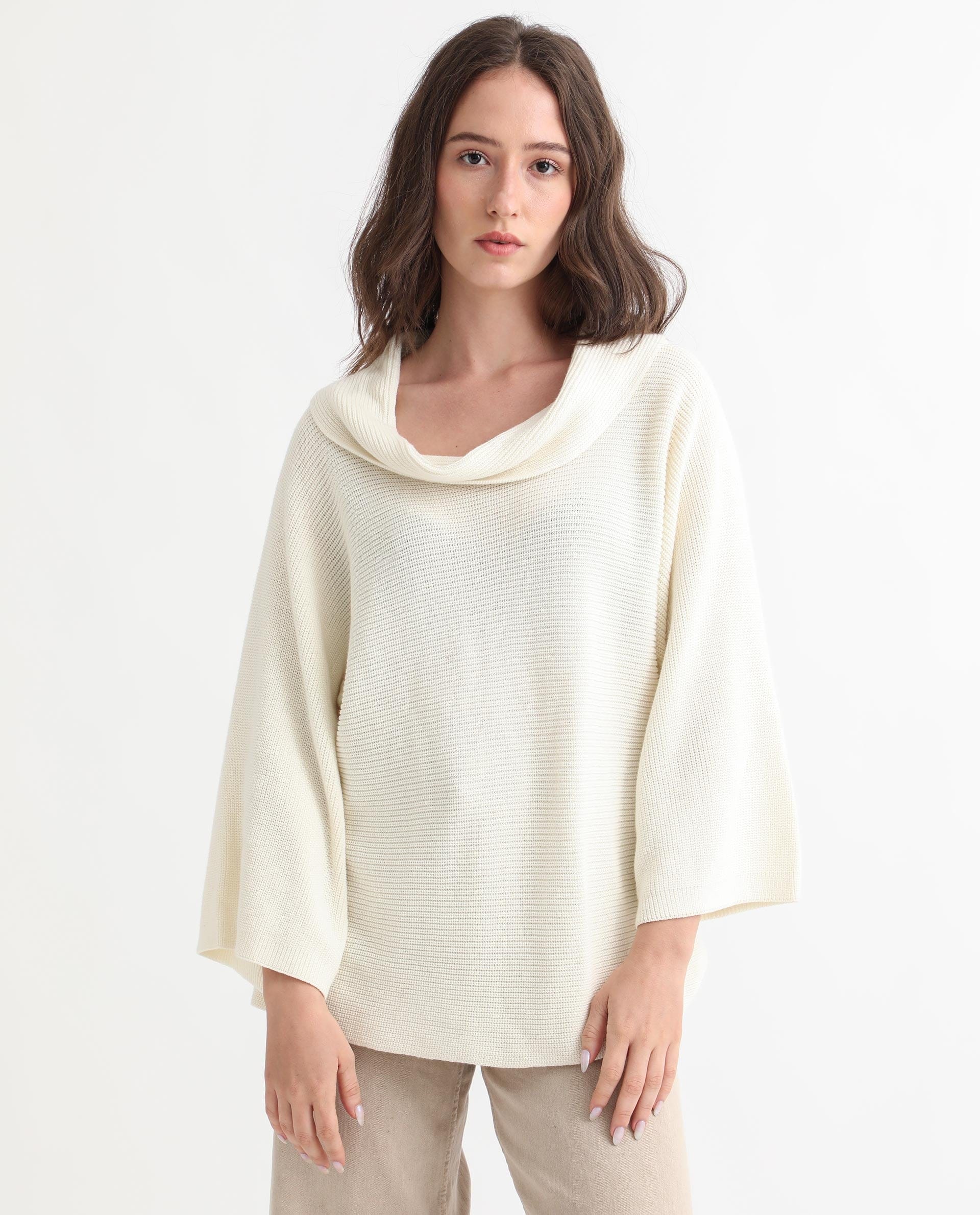 Rareism Women's Cleo Offwhite Cowl Neck Plain Relaxed Fit Sweater
