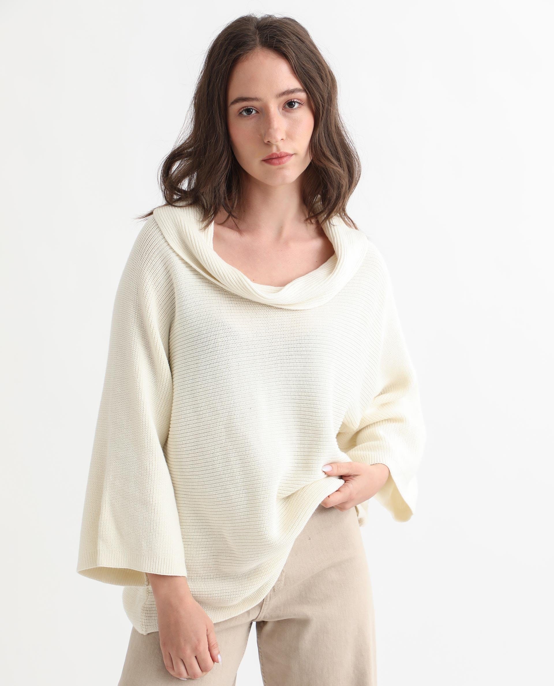 Rareism Women's Cleo Offwhite Cowl Neck Plain Relaxed Fit Sweater