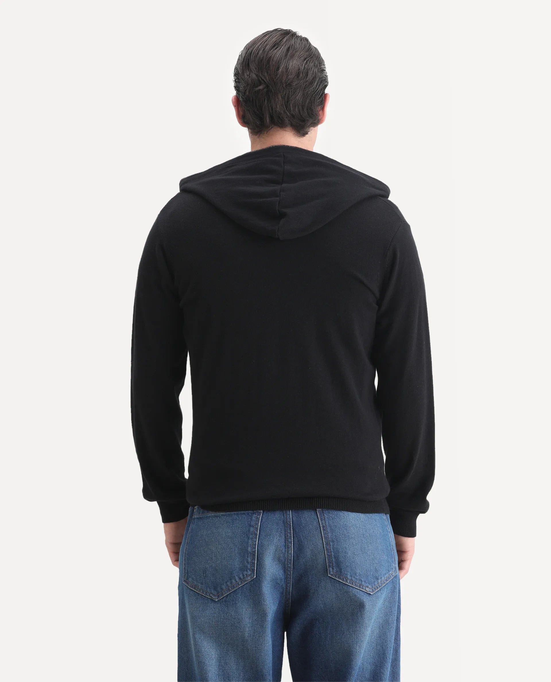 RARE Rabbit Men's Zarry Black Cotton Plain Regular Fit Full Sleeve Hooded Jacket