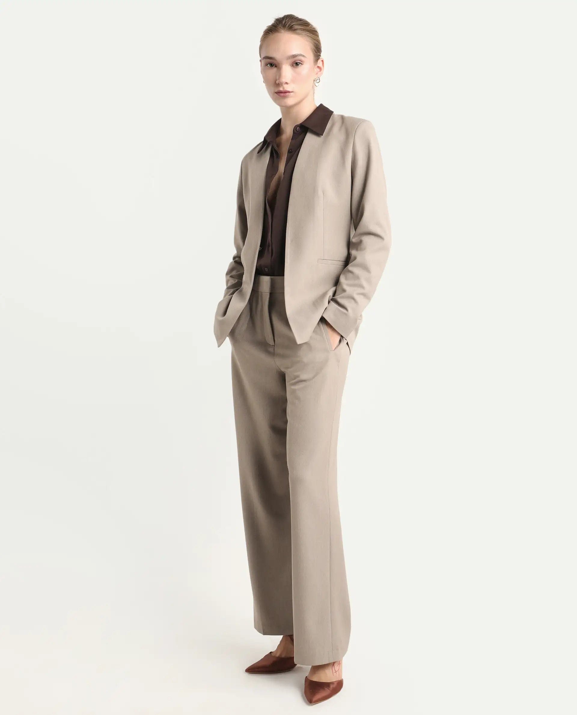 Rareism Women's Resha Fawn Polyester Fabric Full Sleeve Plain Blazer