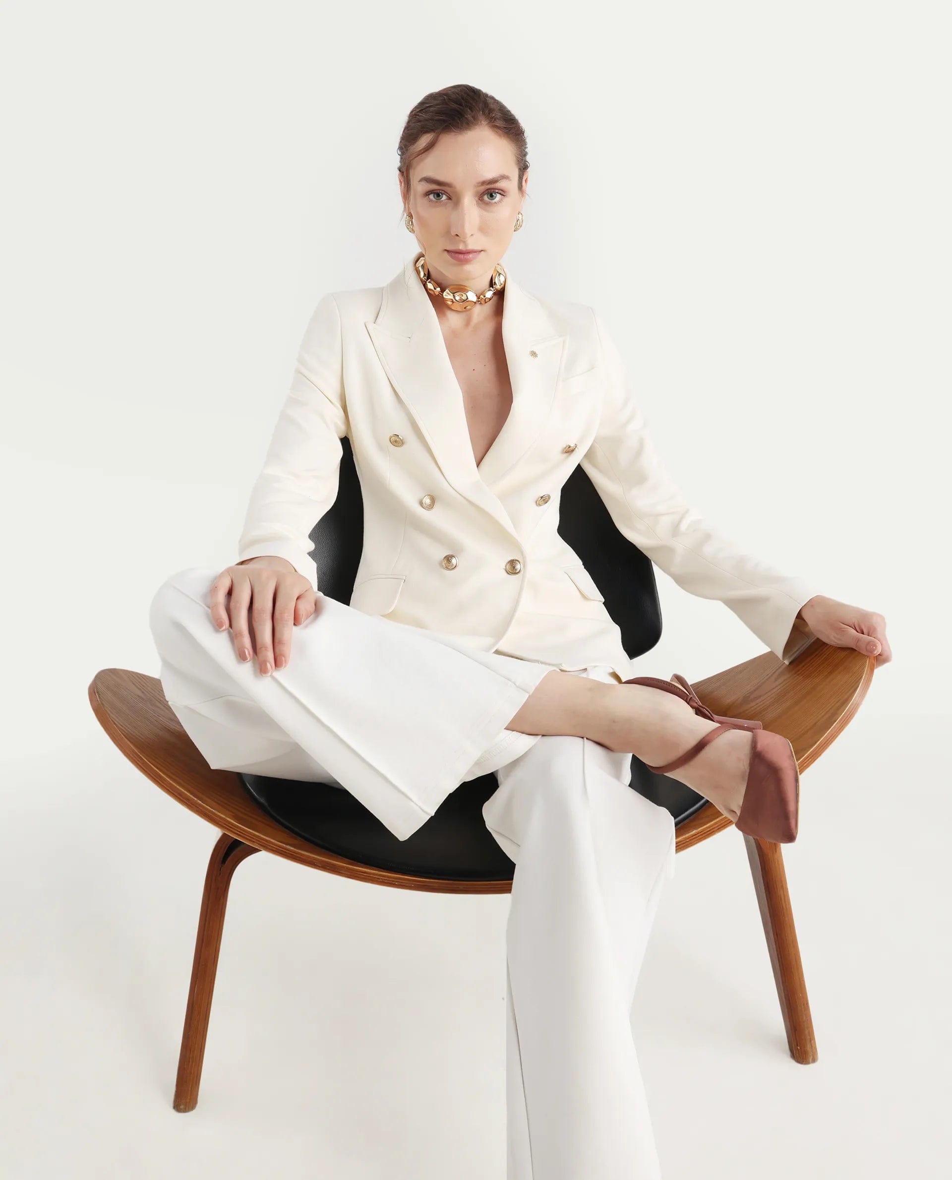 Rareism Women's Garoz Off White Polyester Blend Full Sleeve Lapel Collar Plain Blazer