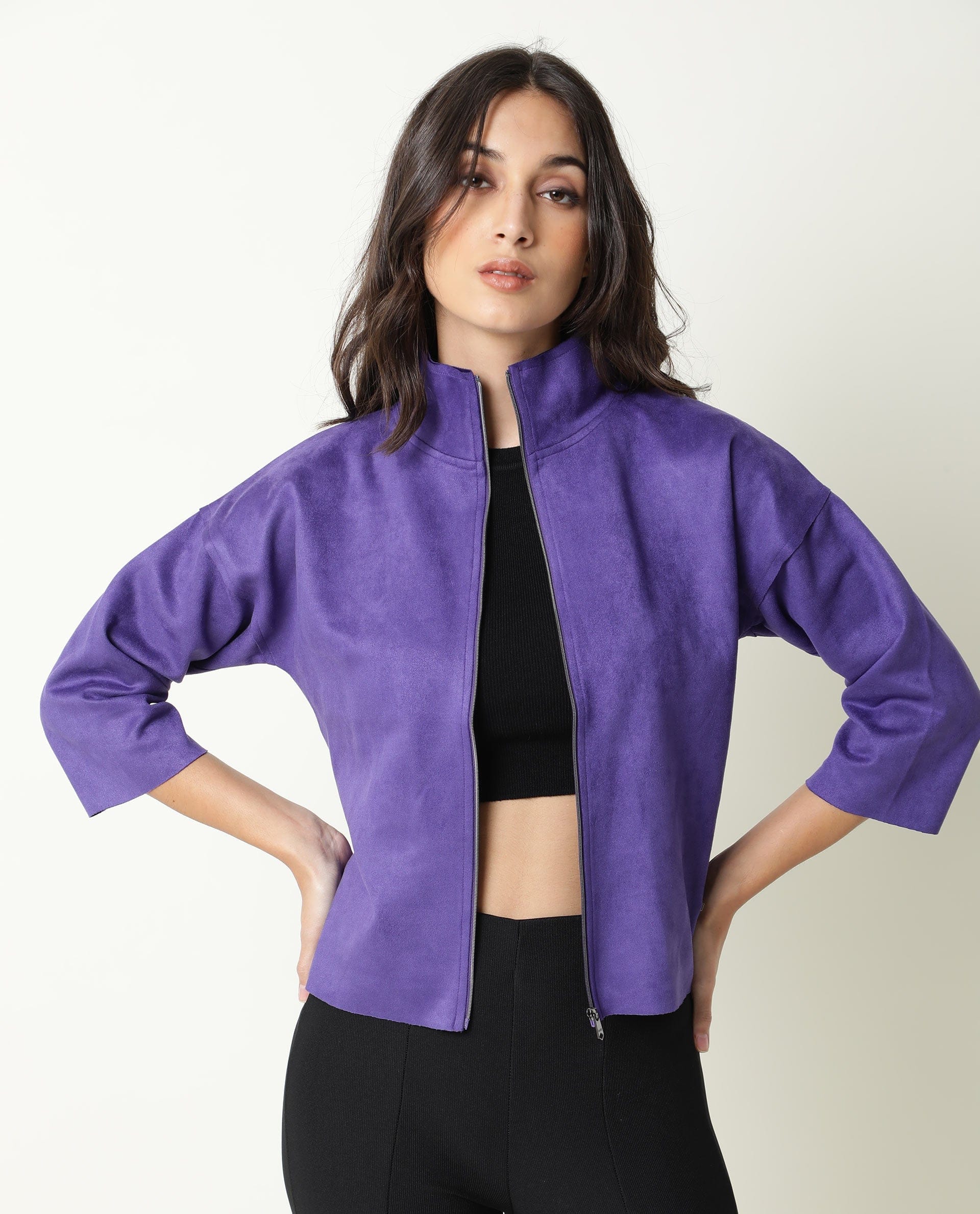 Rareism Women's Vasu Purple Polyester High Neck Plain Regular Fit Jacket