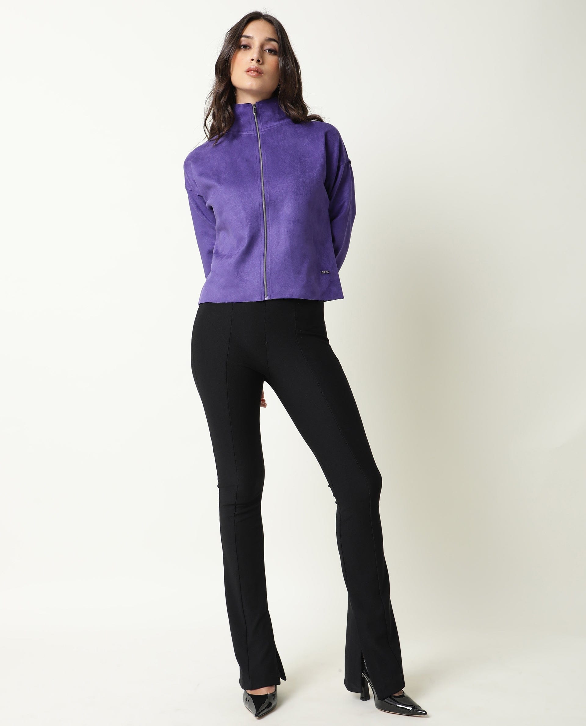 Rareism Women's Vasu Purple Polyester High Neck Plain Regular Fit Jacket