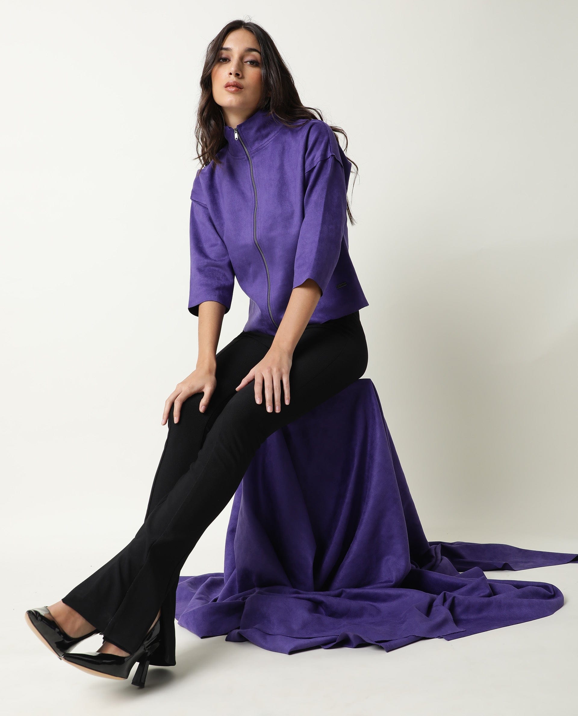 Rareism Women's Vasu Purple Polyester High Neck Plain Regular Fit Jacket