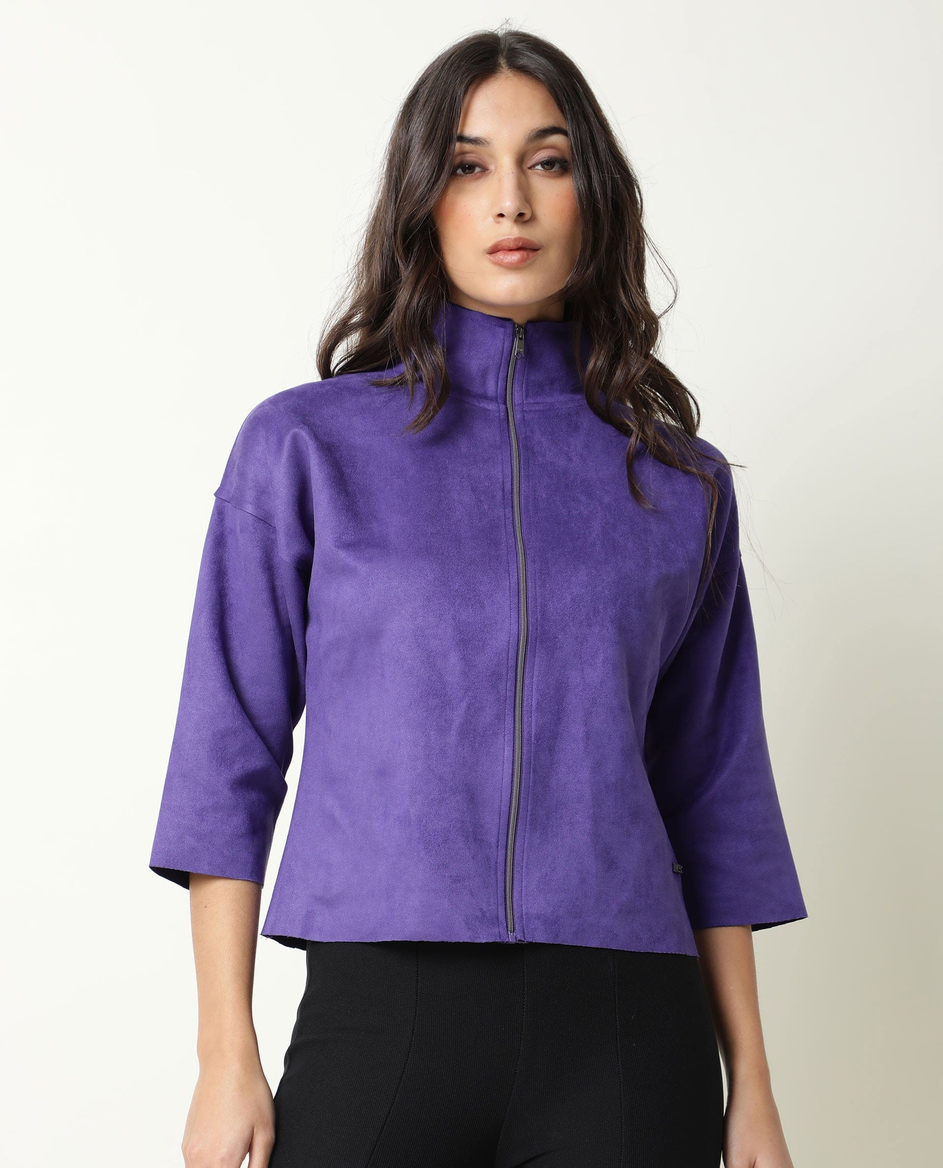 Rareism Women's Vasu Purple Polyester High Neck Plain Regular Fit Jacket