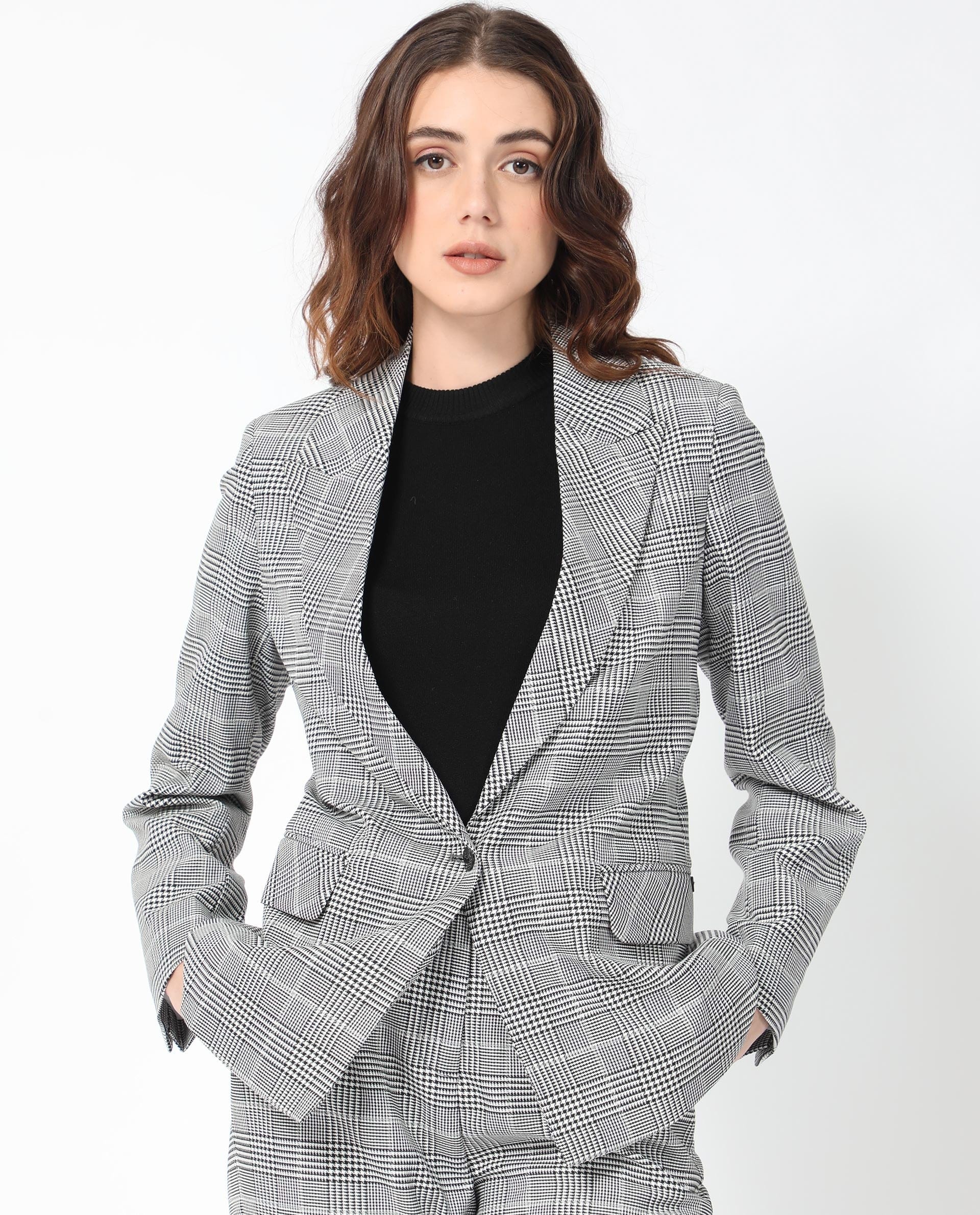 Rareism Women's Zivaa Black Polyester Lapel Neck Checked Tailored Blazer