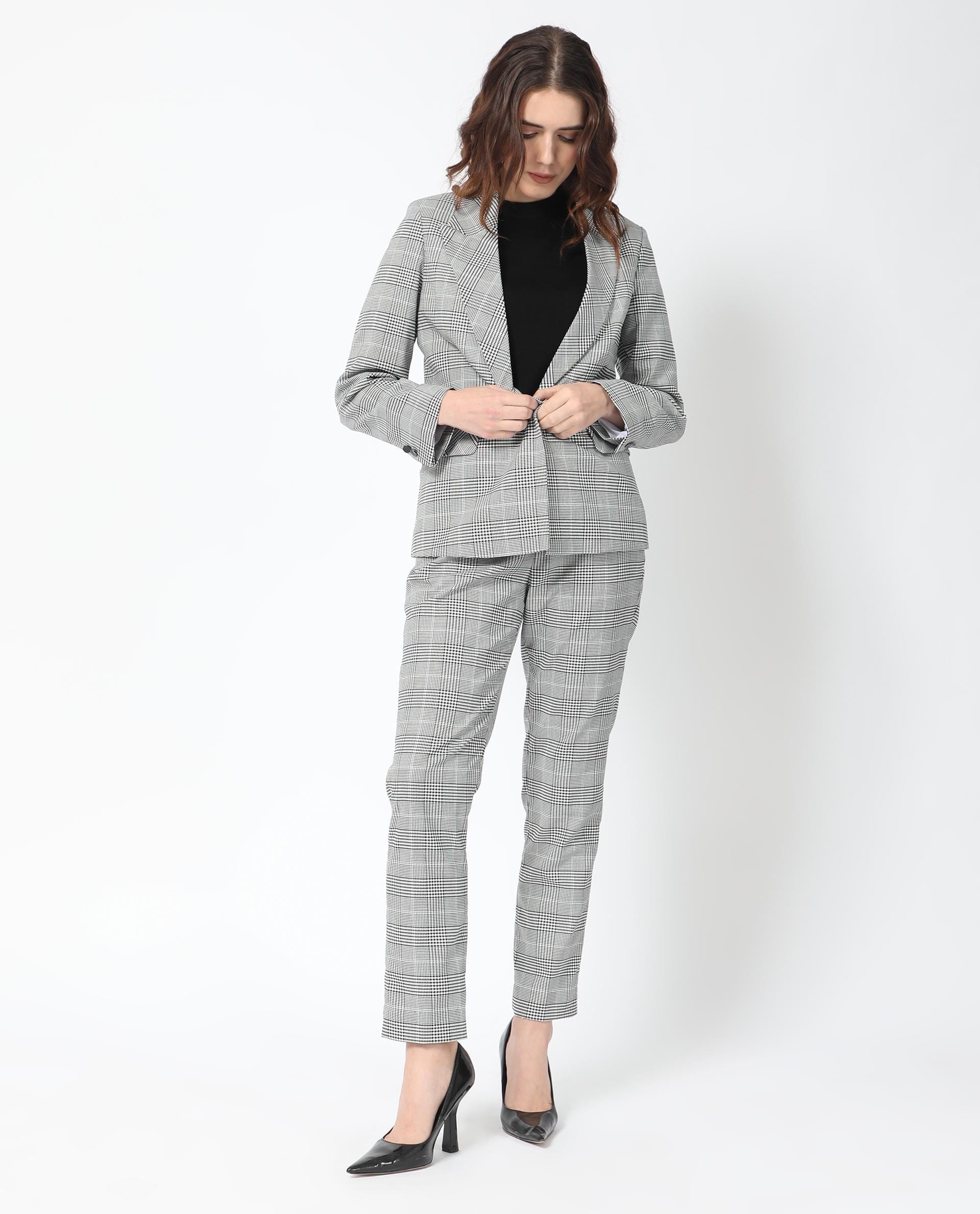 Rareism Women's Zivaa Black Polyester Lapel Neck Checked Tailored Blazer