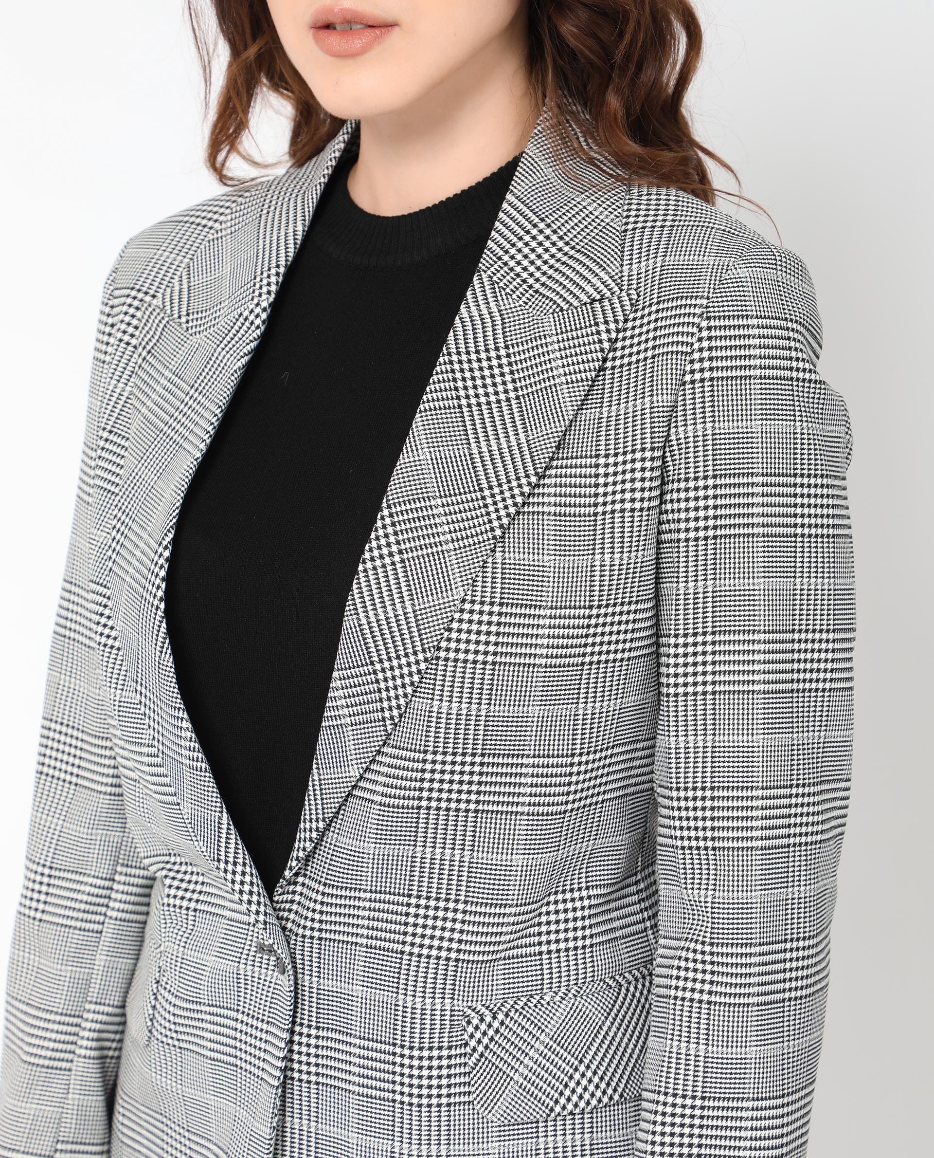 Rareism Women's Zivaa Black Polyester Lapel Neck Checked Tailored Blazer