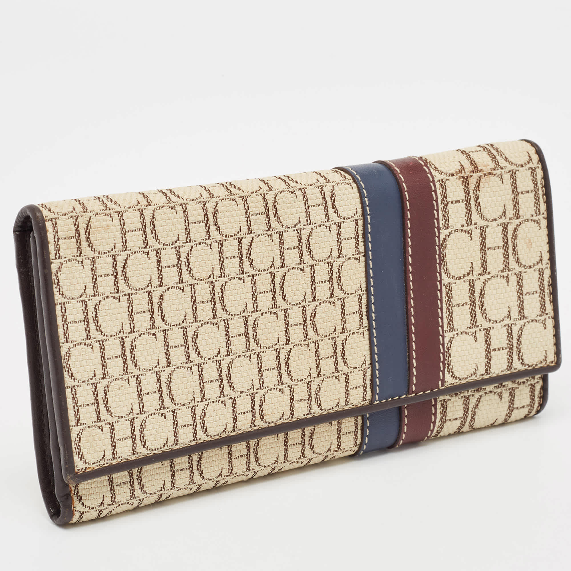 Ch Carolina Herrera Off White Monogram Flap Trifold Continental Wallet