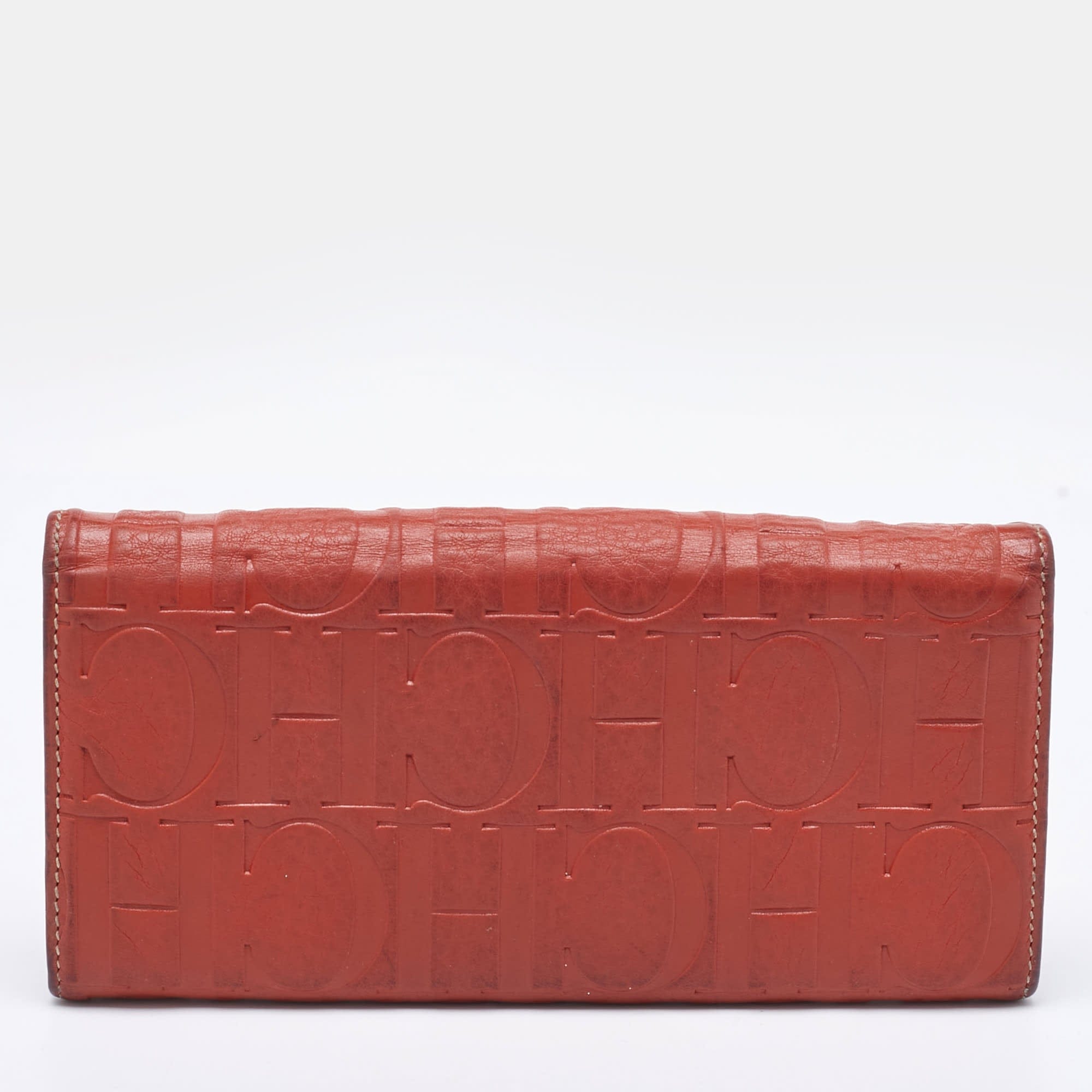 Ch Carolina Herrera Rust Orange Monogram Leather Flap Continental Wallet