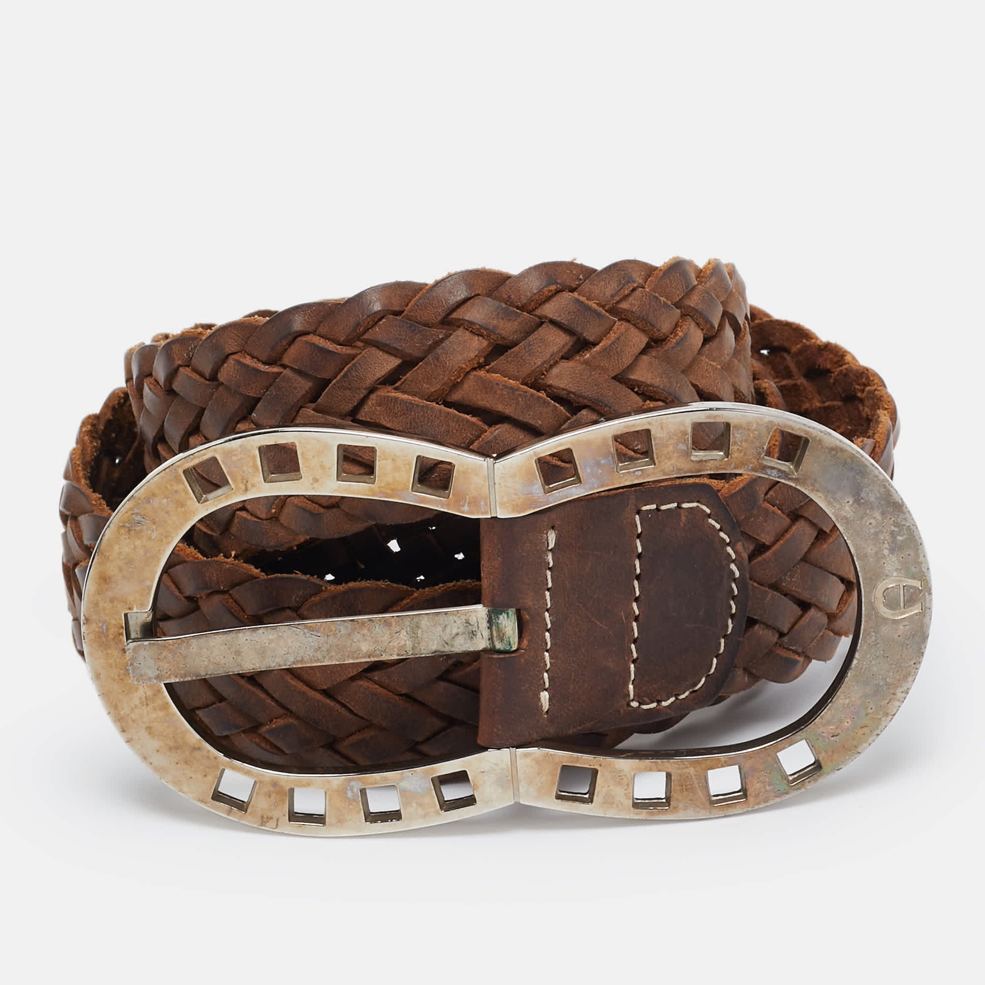 Aigner Brown Braided Leather Buckle Belt