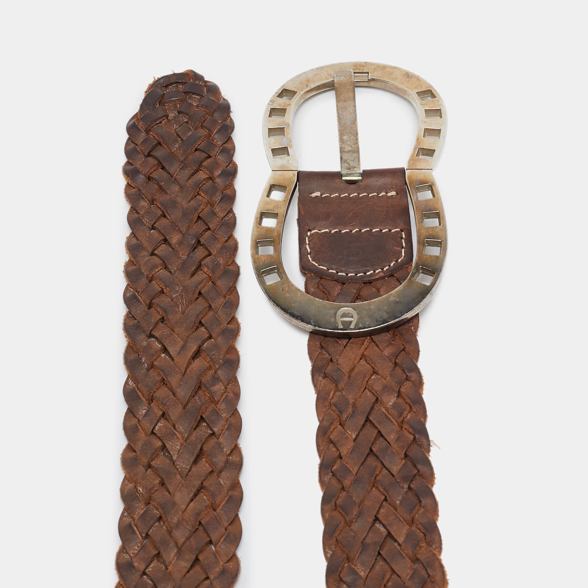 Aigner Brown Braided Leather Buckle Belt