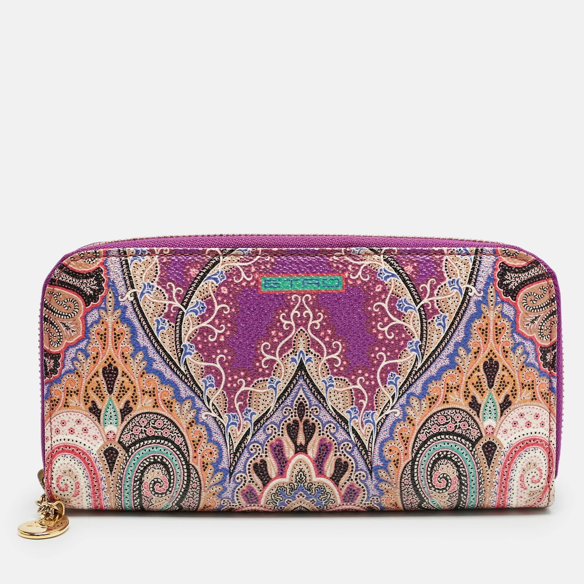 Purple Etro Purple Printed Coated Canvas Zip Around Wallet