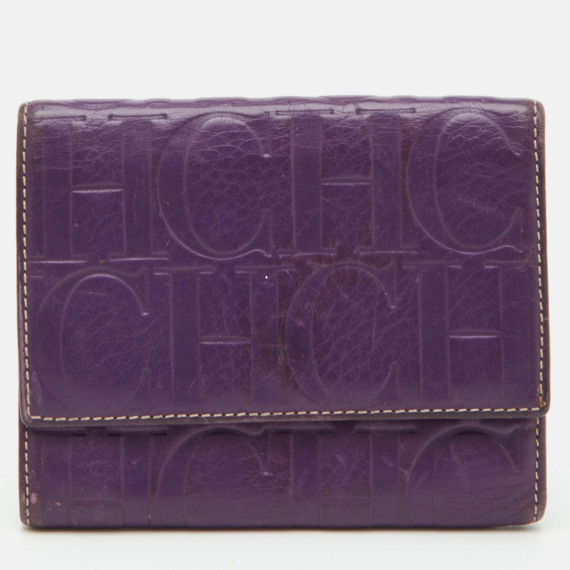 Ch Carolina Herrera Purple Monogram Embossed Leather Compact Wallet