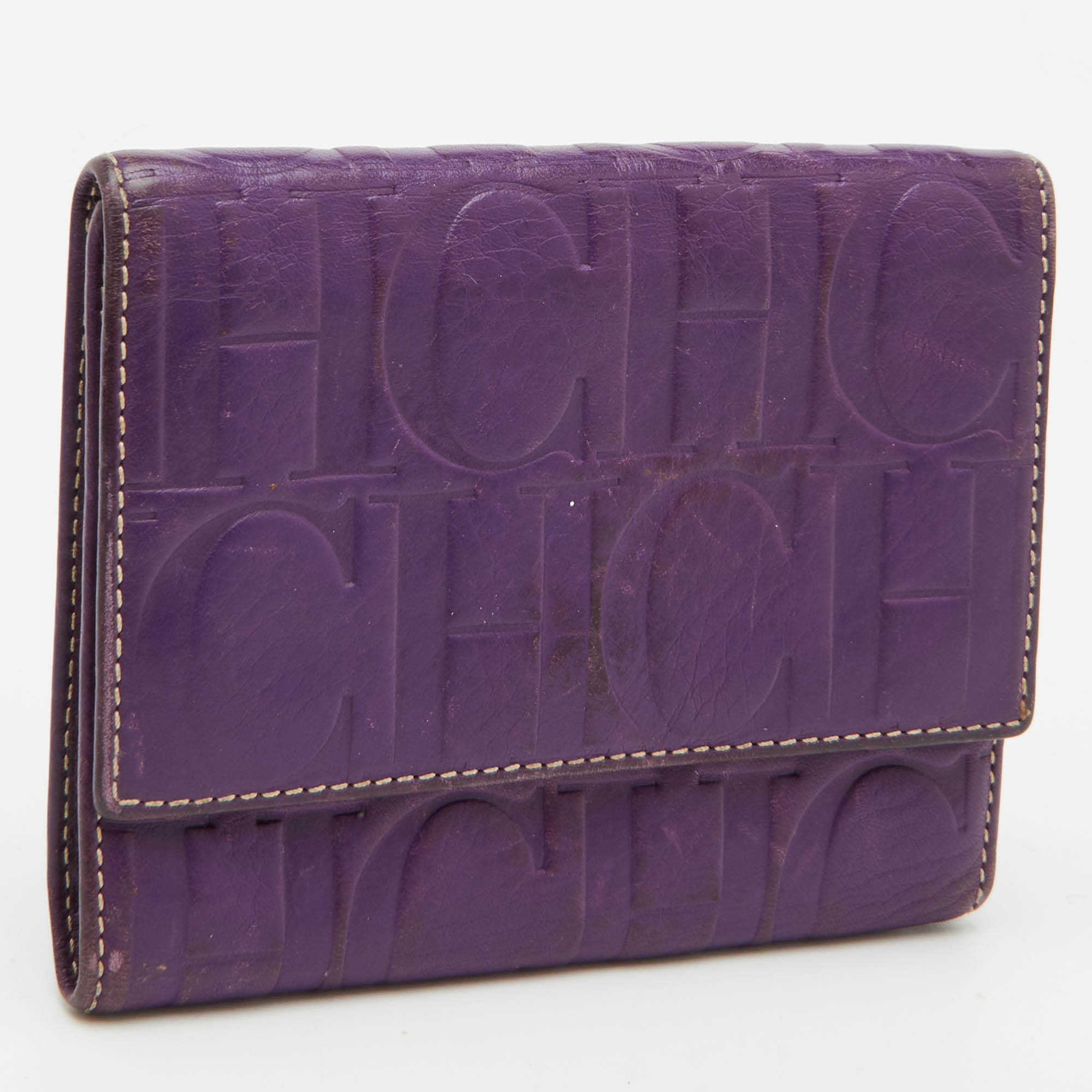 Ch Carolina Herrera Purple Monogram Embossed Leather Compact Wallet