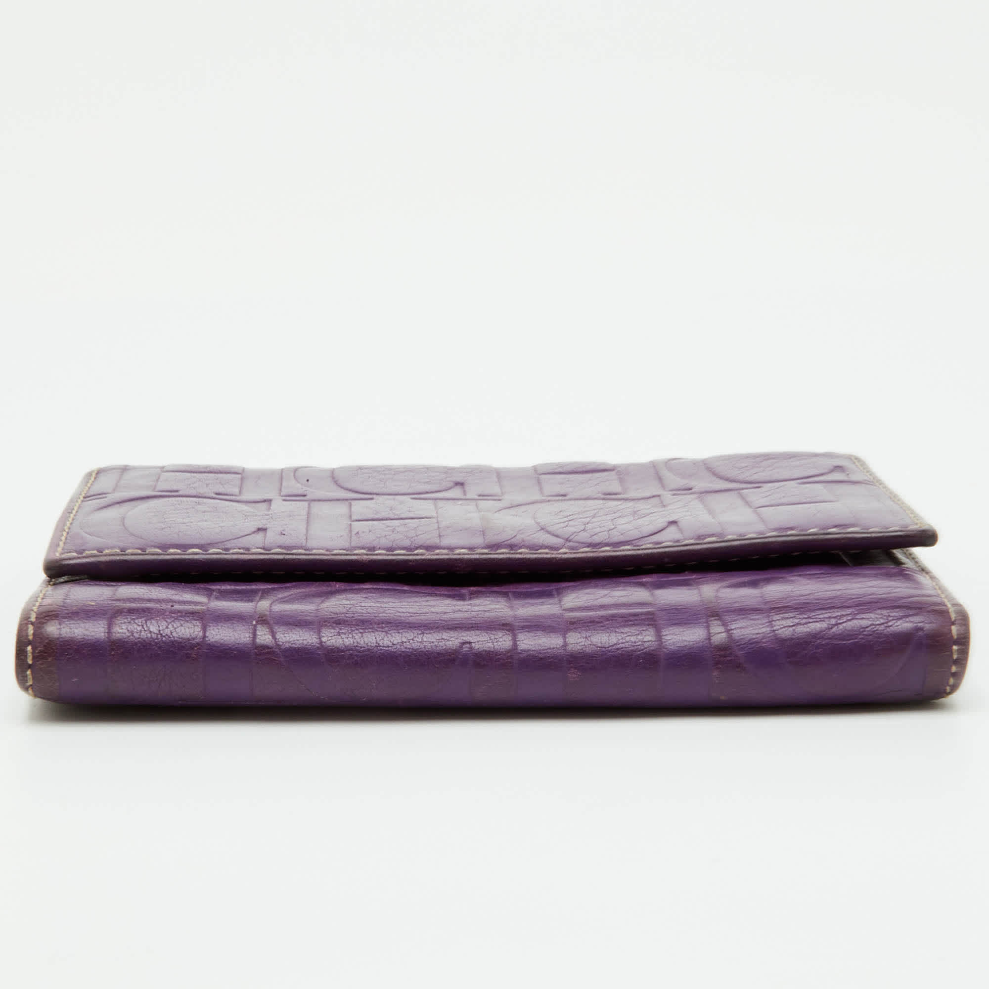 Ch Carolina Herrera Purple Monogram Embossed Leather Compact Wallet